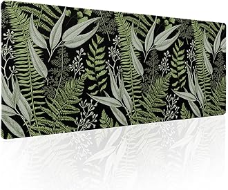 Green Black Plant Leaf Gaming Mouse Pad XL Tropical Fern Botanical Leaves Extended Big Large Desk Mat Non-Slip Rubber Base Stitched Edge Long Keyboard Mousepad for PC Computer Laptop,31.5×11.8 in