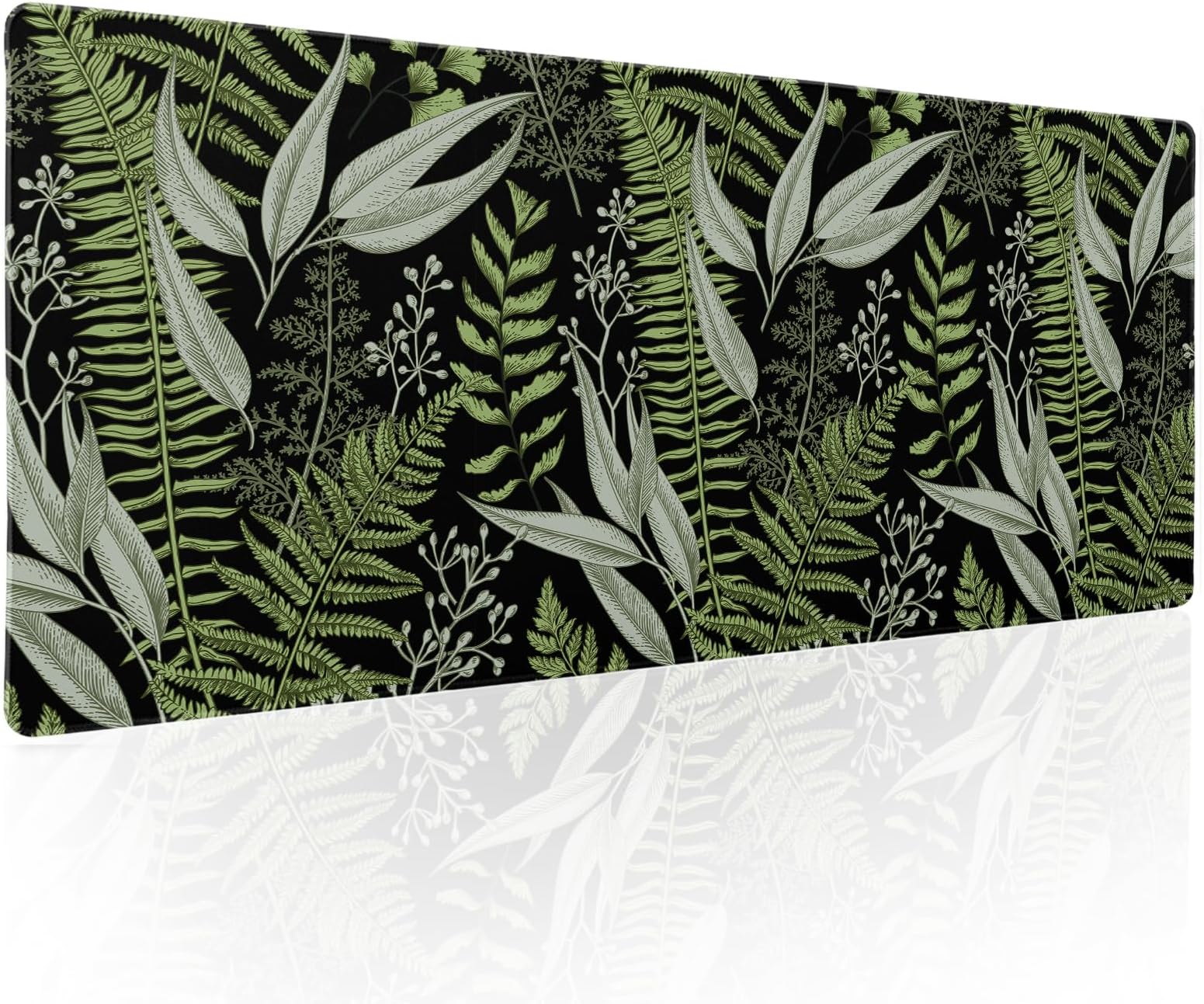 Green Black Plant Leaf Gaming Mouse Pad XL Tropical Fern Botanical Leaves Extended Big Large Desk Mat Non-Slip Rubber Base Stitched Edge Long Keyboard Mousepad for PC Computer Laptop,31.5×11.8 in