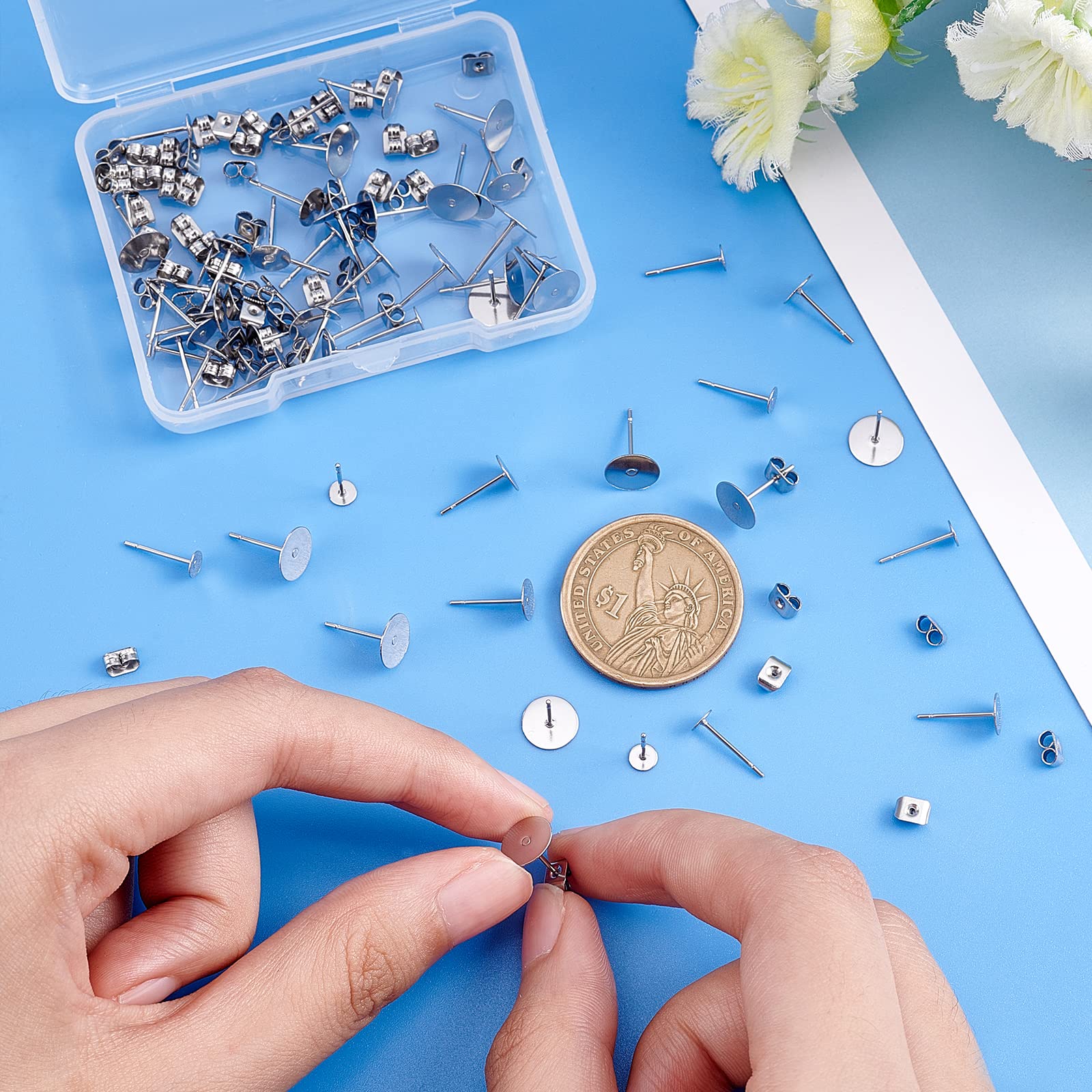 PH PandaHall 60pz Basi Orecchini Acciaio Inox 4mm 6mm 8mm Pali Piatto con Ferma Farfalla per Creazione Gioielli