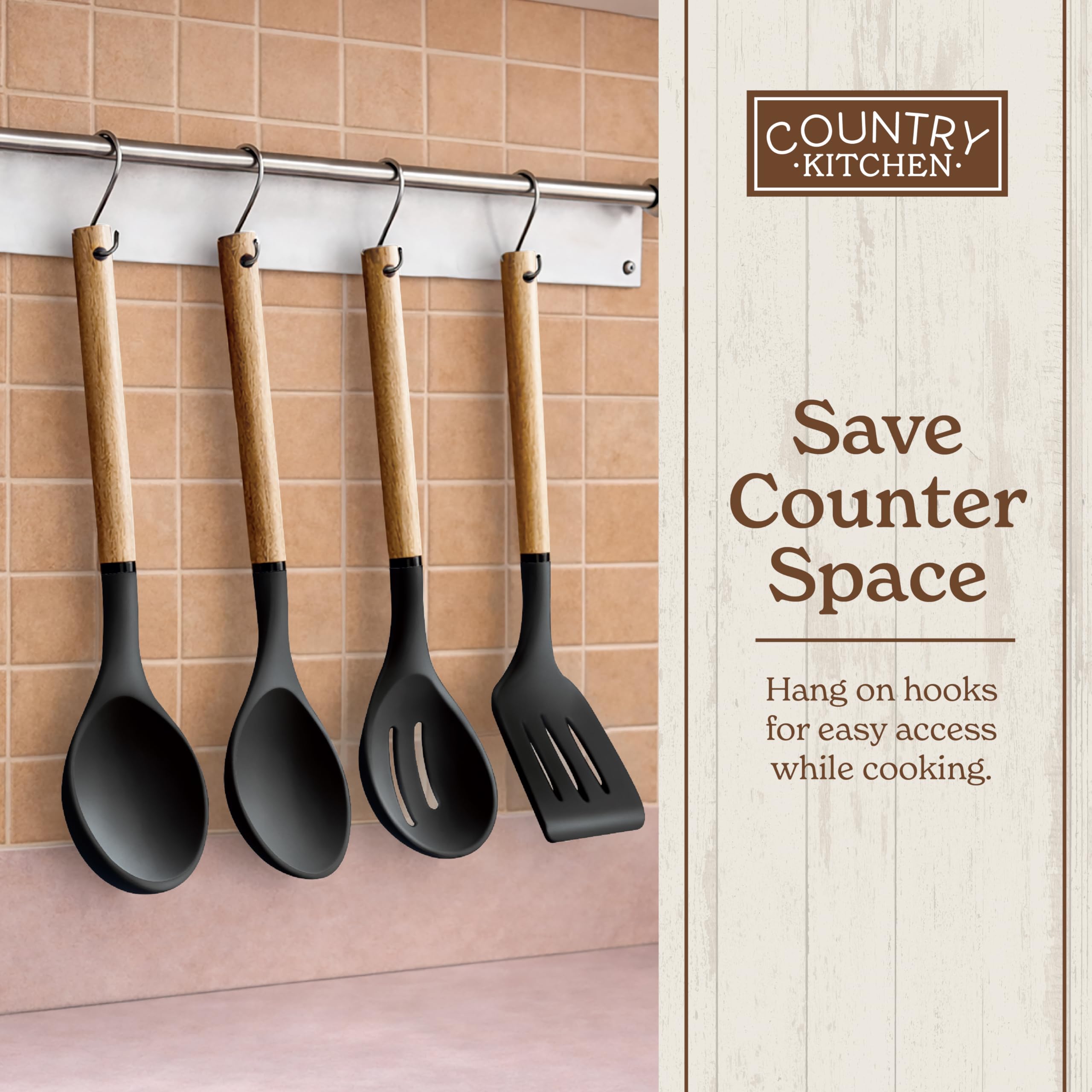 Country Kitchen Juego de 8 utensilios de cocina de silicona y madera, fáciles de limpiar, para utensilios antiadherentes y antirayones, perfecto para regalos