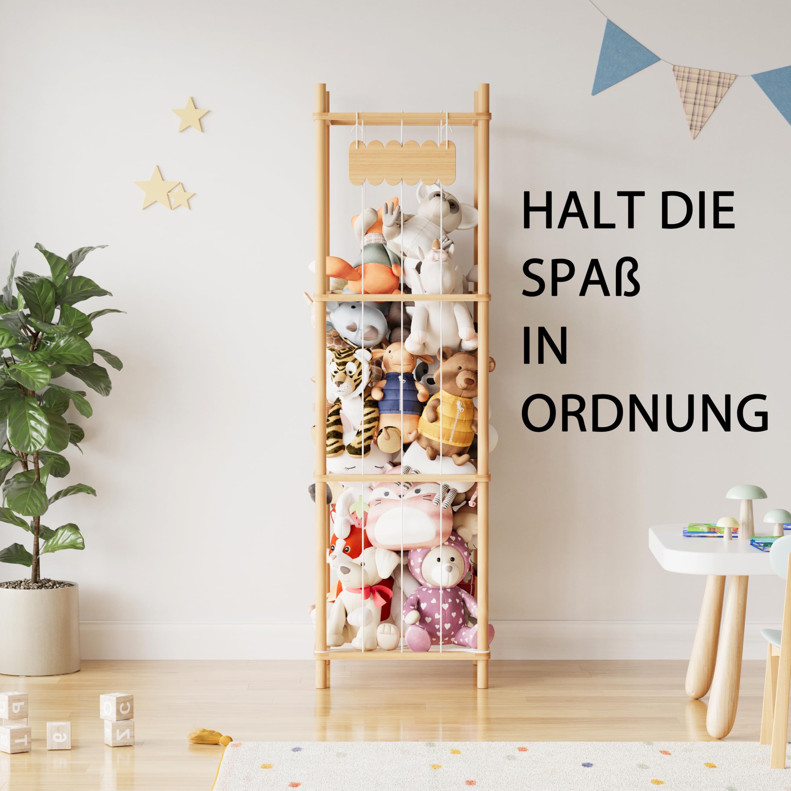 SpaceAid Stofftier Aufbewahrung Holz, Kuscheltier Zoo Organizer, Großer Plüschtier Aufbewahrung Käfig für Kinderzimmer, Spielzeug Aufbewahrungshalter, 40 cm Breit, Natur