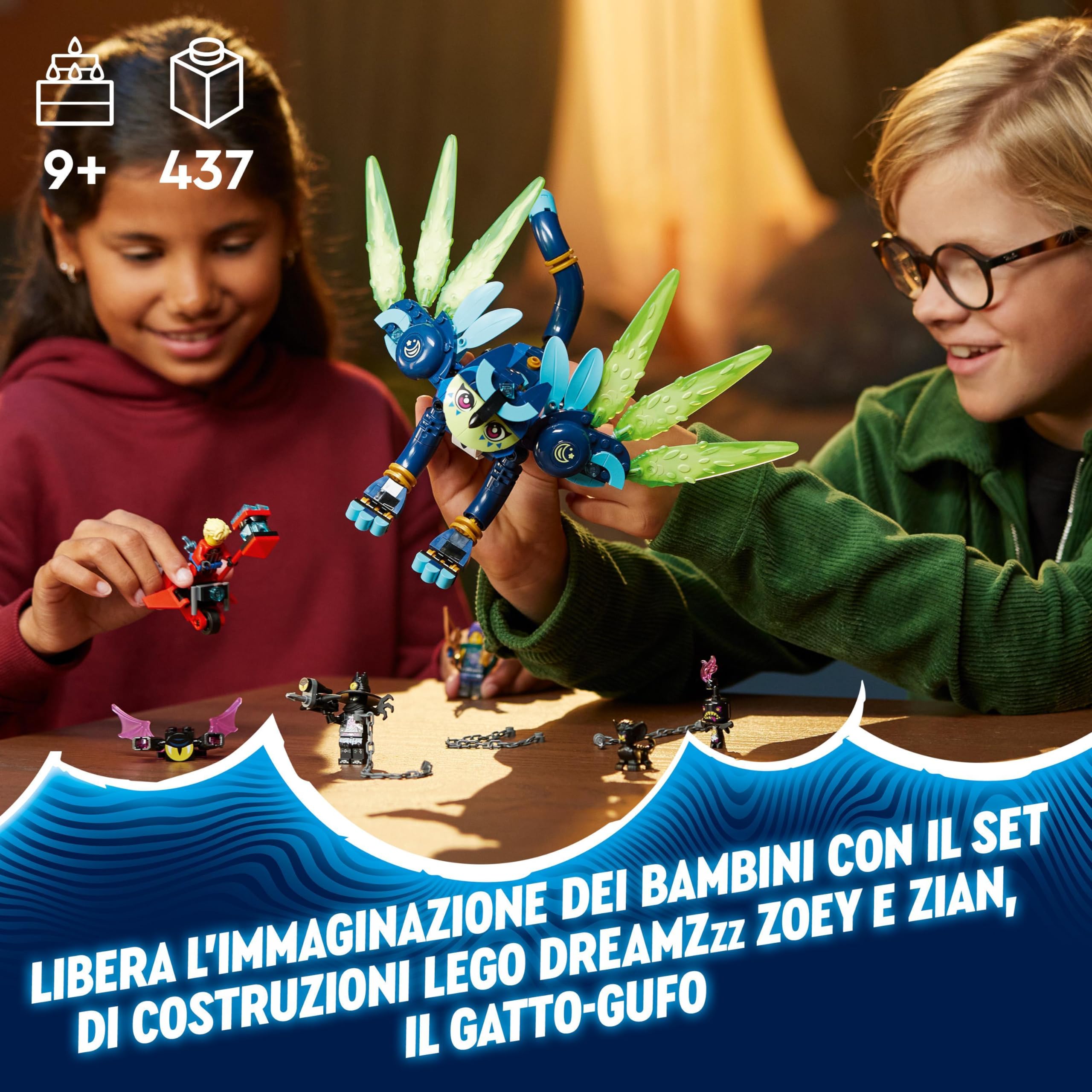 LEGO DREAMZzz 2 in 1 Zoey e Zian, il Gatto-Gufo, Set con Animali Giocattolo per Bambini e Bambine da 9 Anni con 3 Minifigure tra cui Cooper e il Cacciatore Notturno e Moto Volante da Costruire 71476
