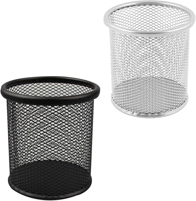 ZYBUX - Mesh Pen Holder - Desk Bin Pencil Pot|Pen Holders Desk Tidy|Desk Accessories Pencil Organiser and Makeup Brushes Storage, Gifts For Her Round Desk Stationery | (Set of 2, 1 Black and 1 Silver)