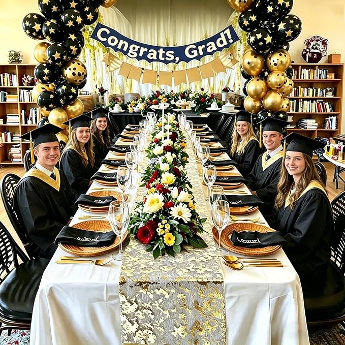 tiosggd Black and Gold Table Runner Roll 11 x 192 inch, Sequin Glitter Metallic Foil Mesh Table Runner, Black Gold Table Decor for Spring Birthday Graduation Anniversary Party Decor