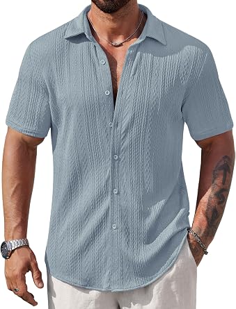 Mens Casual Textured Shirts Knit Summer Beach Vacation Short Sleeve Button Down Tops (S-XXL)