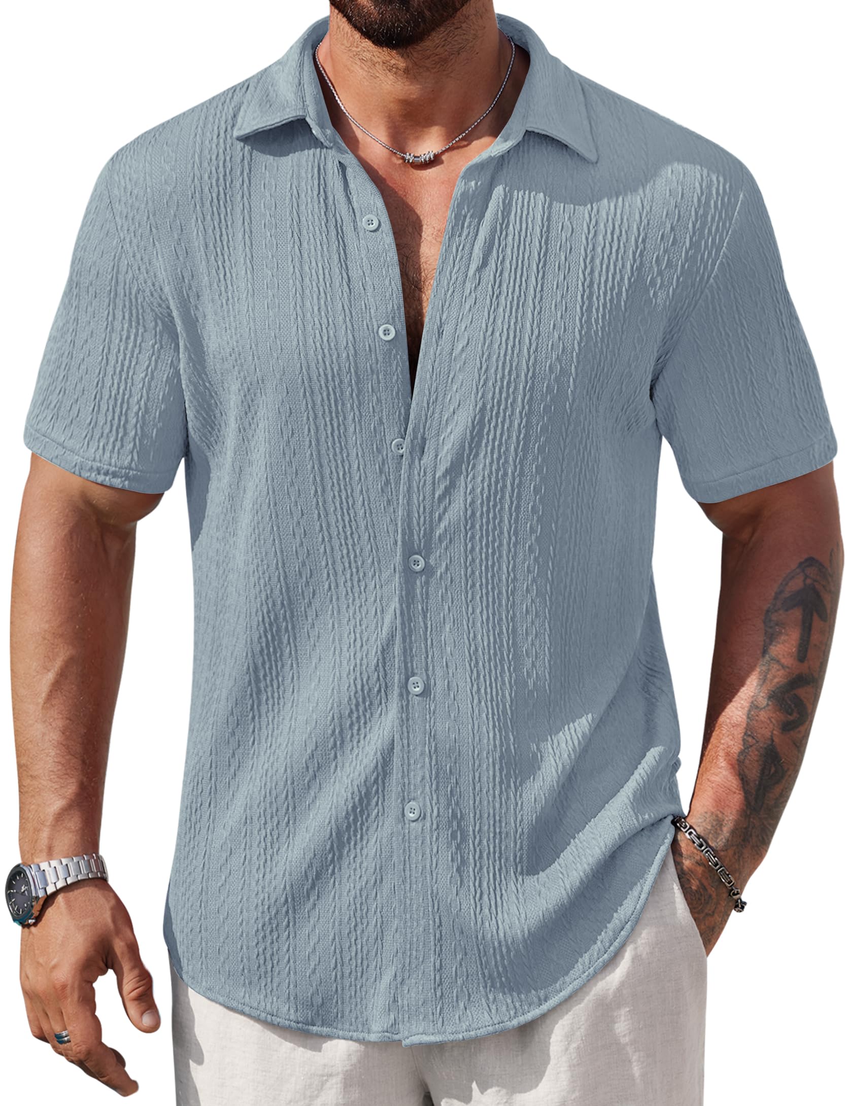 Mens Casual Textured Shirts Knit Summer Beach Vacation Short Sleeve Button Down Tops (S-XXL)