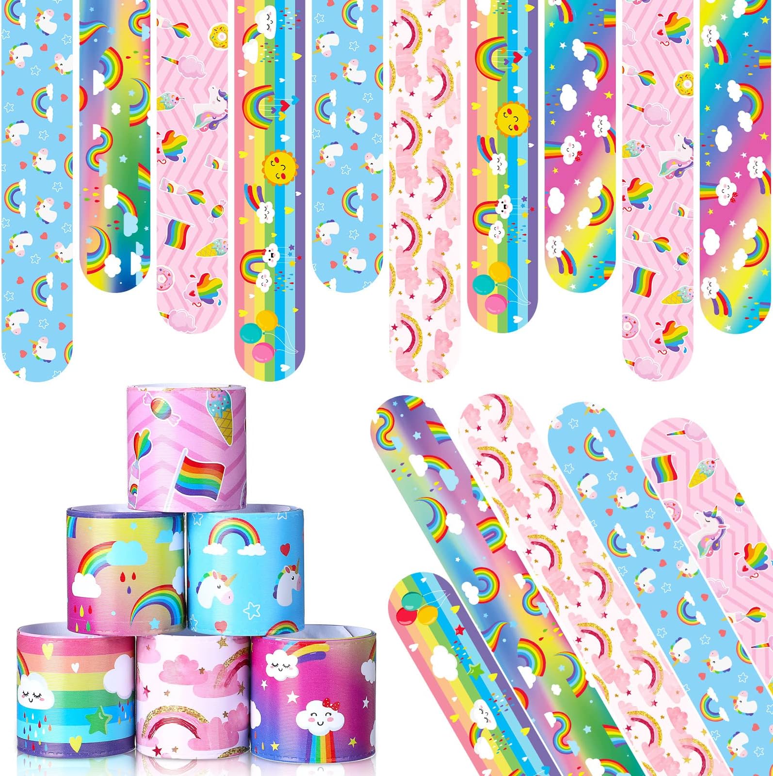 Junkin 24 Pcs Rainbow Slap Bracelets Party Favor for Kids Wristbands Bracelets Unicorn Rainbow Decoration for Girl Boy Cloud Magical Baby Shower Party Supplies(Lovely)