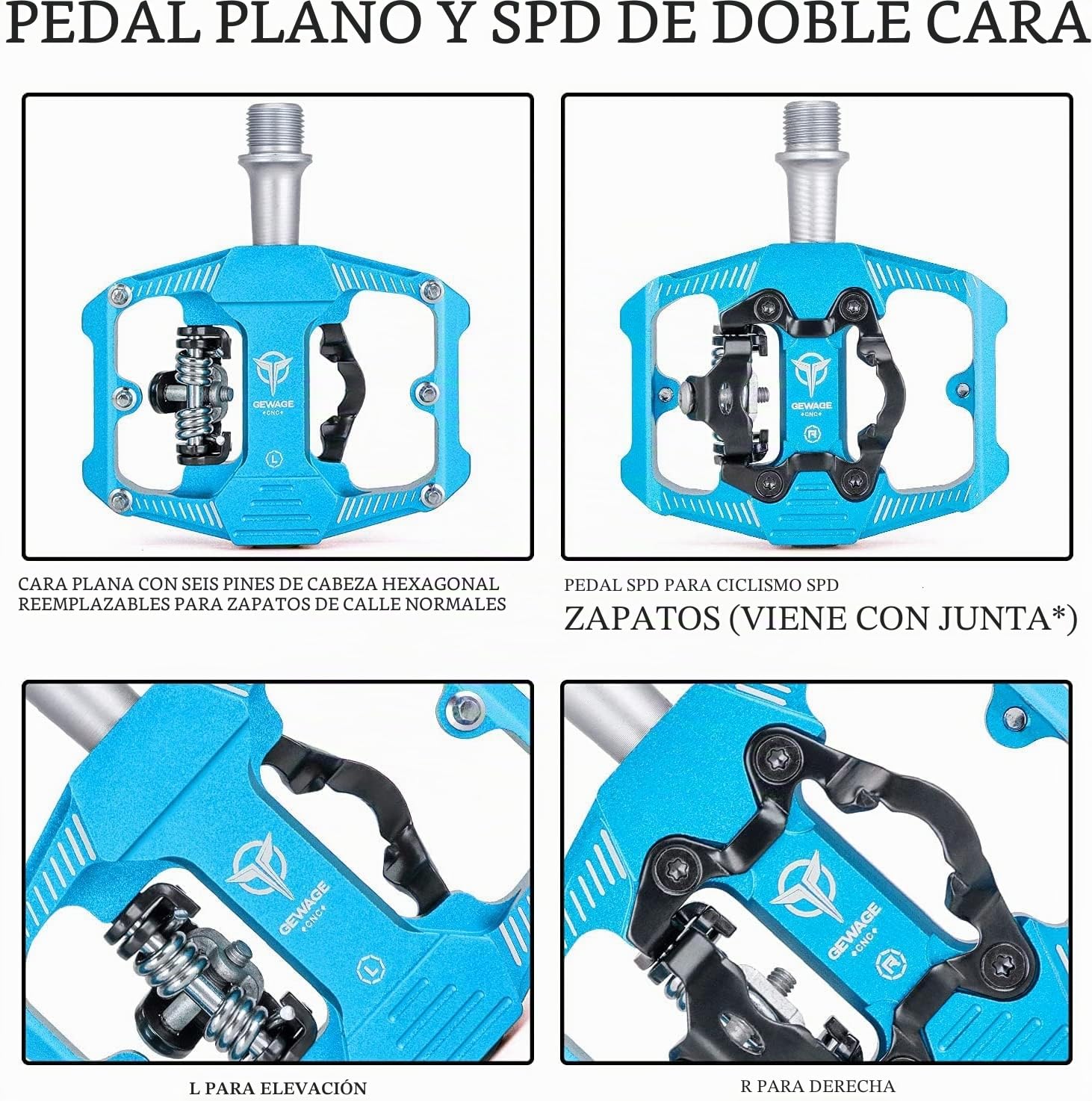 GEWAGE Pedales de Bicicleta SPD, Pedales de Bicicleta de montaña, Pedales de Dos Lados SPD, Plataforma Ancha Antideslizante con 3 rodamientos, Pedales Ligeros de Aluminio de 9/16 Pulgadas