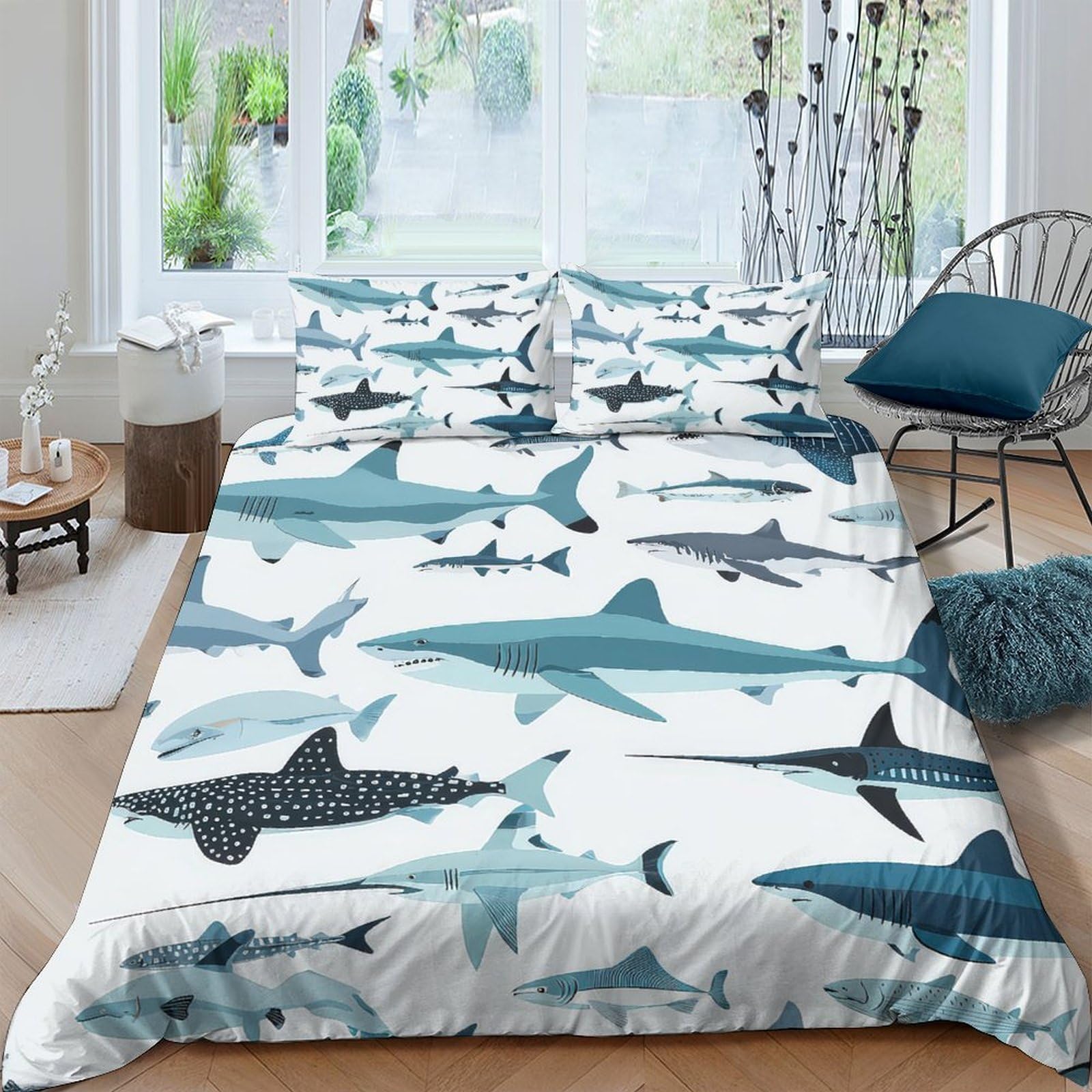 Ctjqhvkz Style-8 3D Printed Shark Ocean Fitted Sheet Microfiber Soft Blue Sea Mattress Cover For Bedroom Guest Room Decor Single（135X200cm）