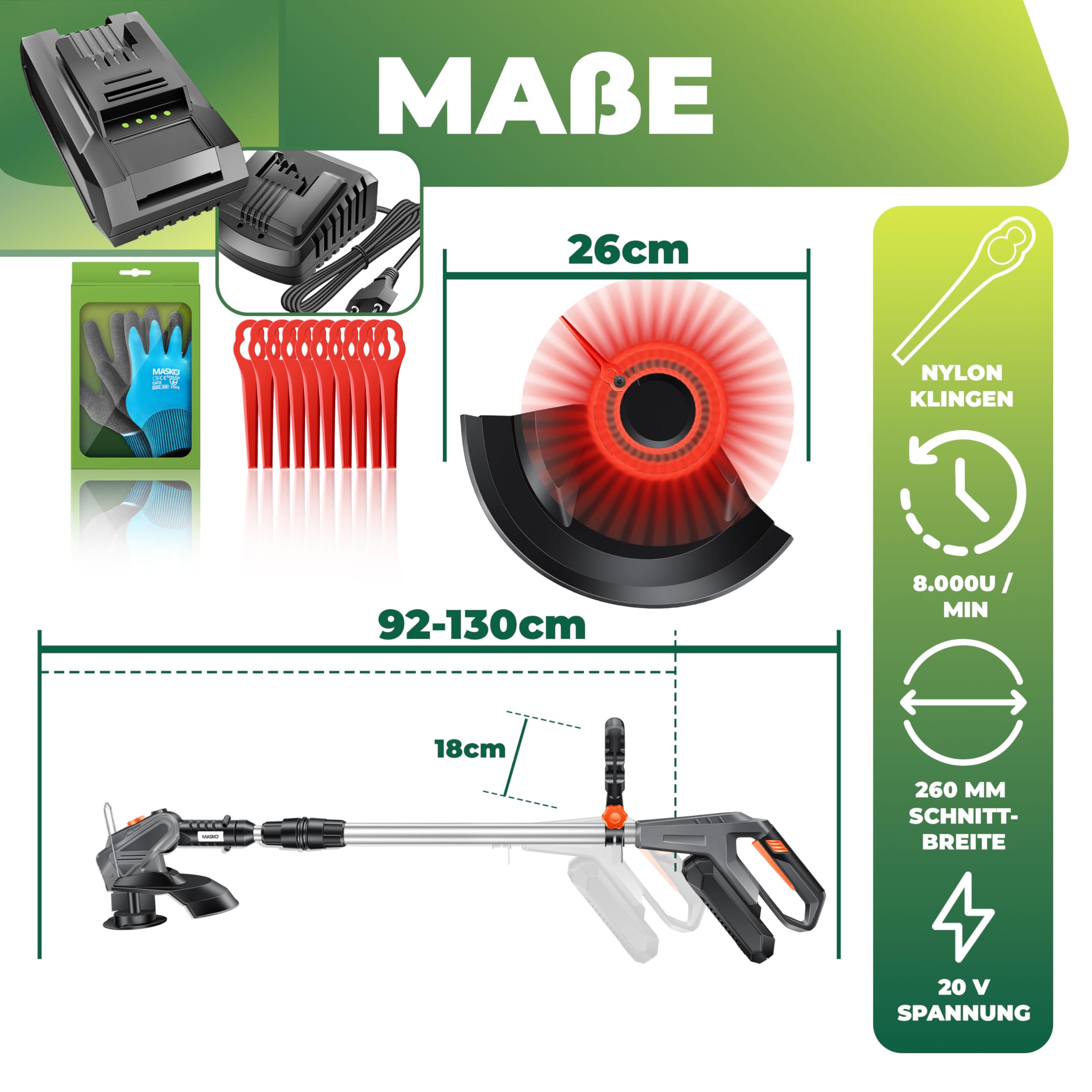MASKO® Cortadora de césped sin Cable con batería de Litio de 20 V, batería de 2,0 Ah y Cargador, desbrozadora de 26 cm de círculo de Corte