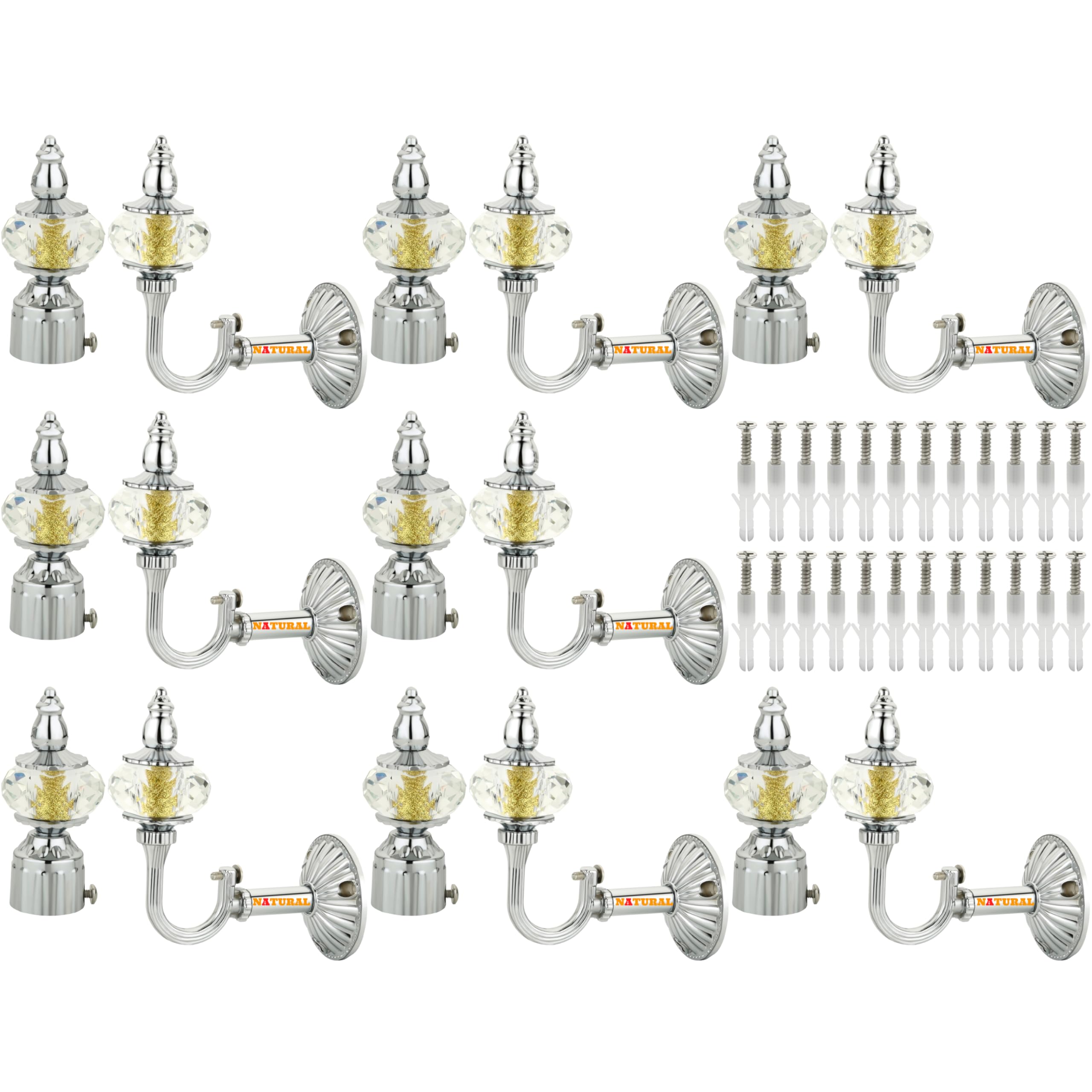 NATURAL Heavy Duty Aluminum Royal Luxury Design Curtain Bracket/Finial and Curtain Support with Screw/Wallplug for Window & Door Curtain Fittings Suitable Upto 1 Inch Pipe. (8 Set, Chrome)