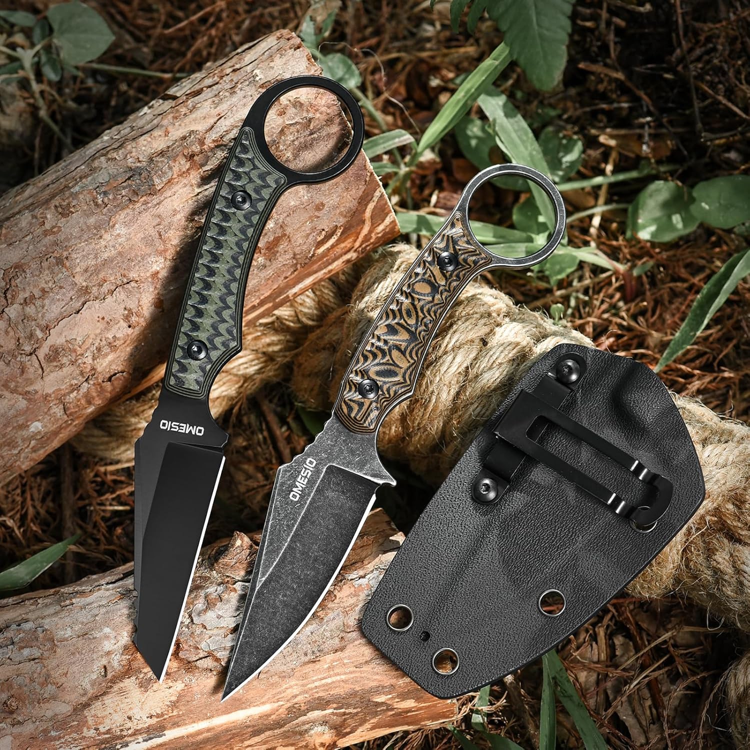 Omesio EDC Neck Knife Set, 3.15” D2 Steel o Blade Small Fixed Blade Knife with Kydex Sheath, Full Tang with Green G10 Handle and Necklace, Ideal for Camping, Hiking,