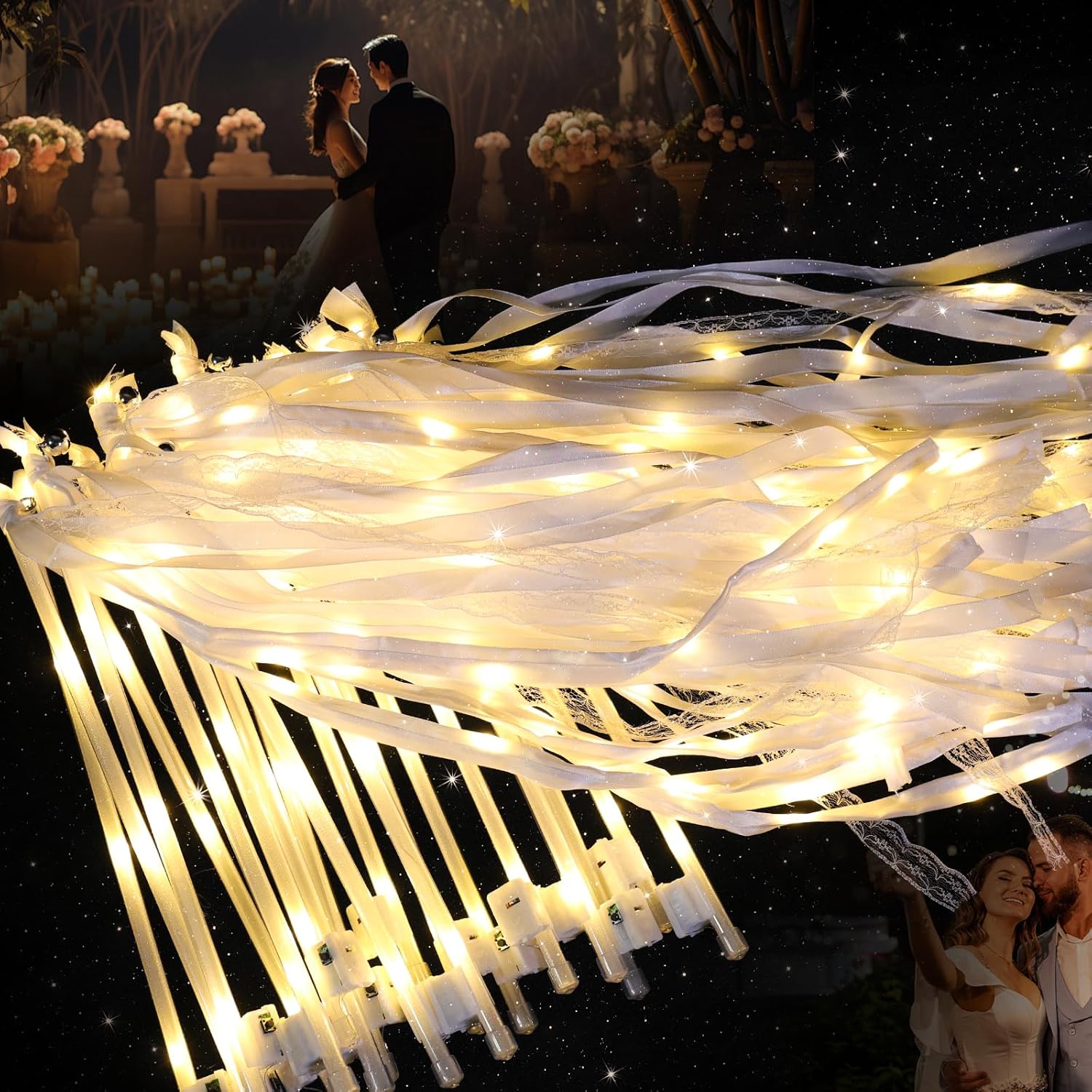 100 Wedding Send Off Light Up Wands with Sunny Yellow LED Ribbons, Bells & Streamers - Safe Photo Sparkler Alternative for Grand Exit, Favors, Kids Dance, Quinceañera