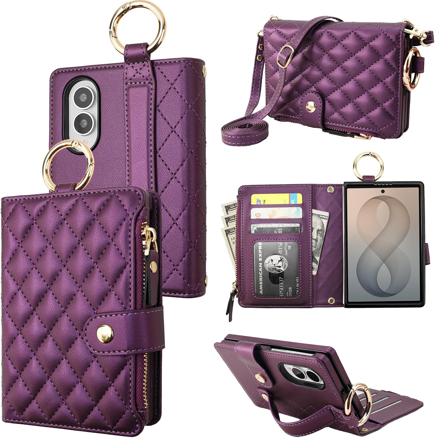 KIHUWEY for Galaxy Z Fold 8 Wallet Case Card Holder RFID Strap Dark Purple