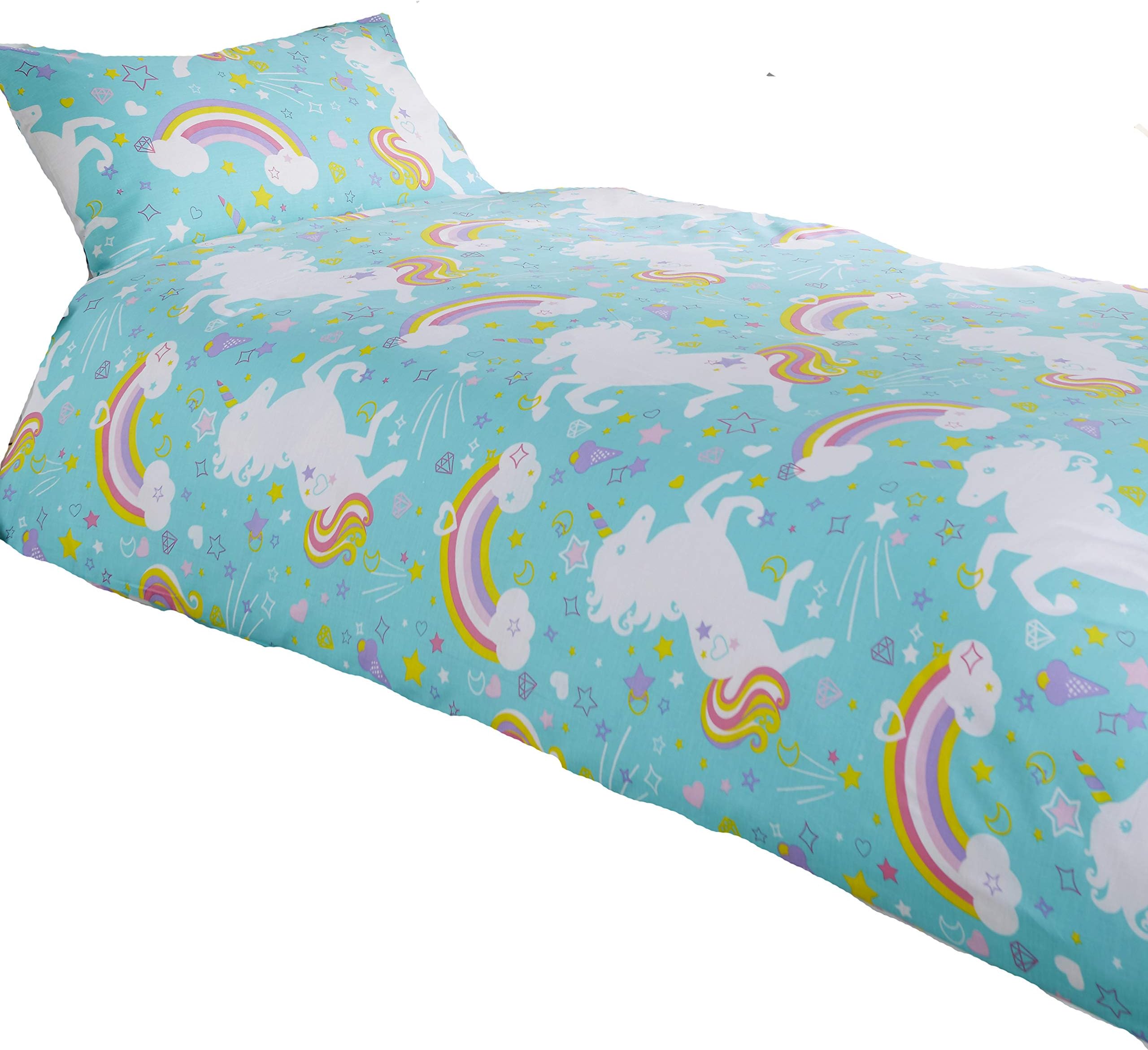 Olivia Rocco CHILDRENS KIDS FANTASY STYLE DUVET COVER SET BEDROOM SET RAINBOW UNICORN PINK GREY BLUE SINGLE DOUBLE (SINGLE, BLUE)
