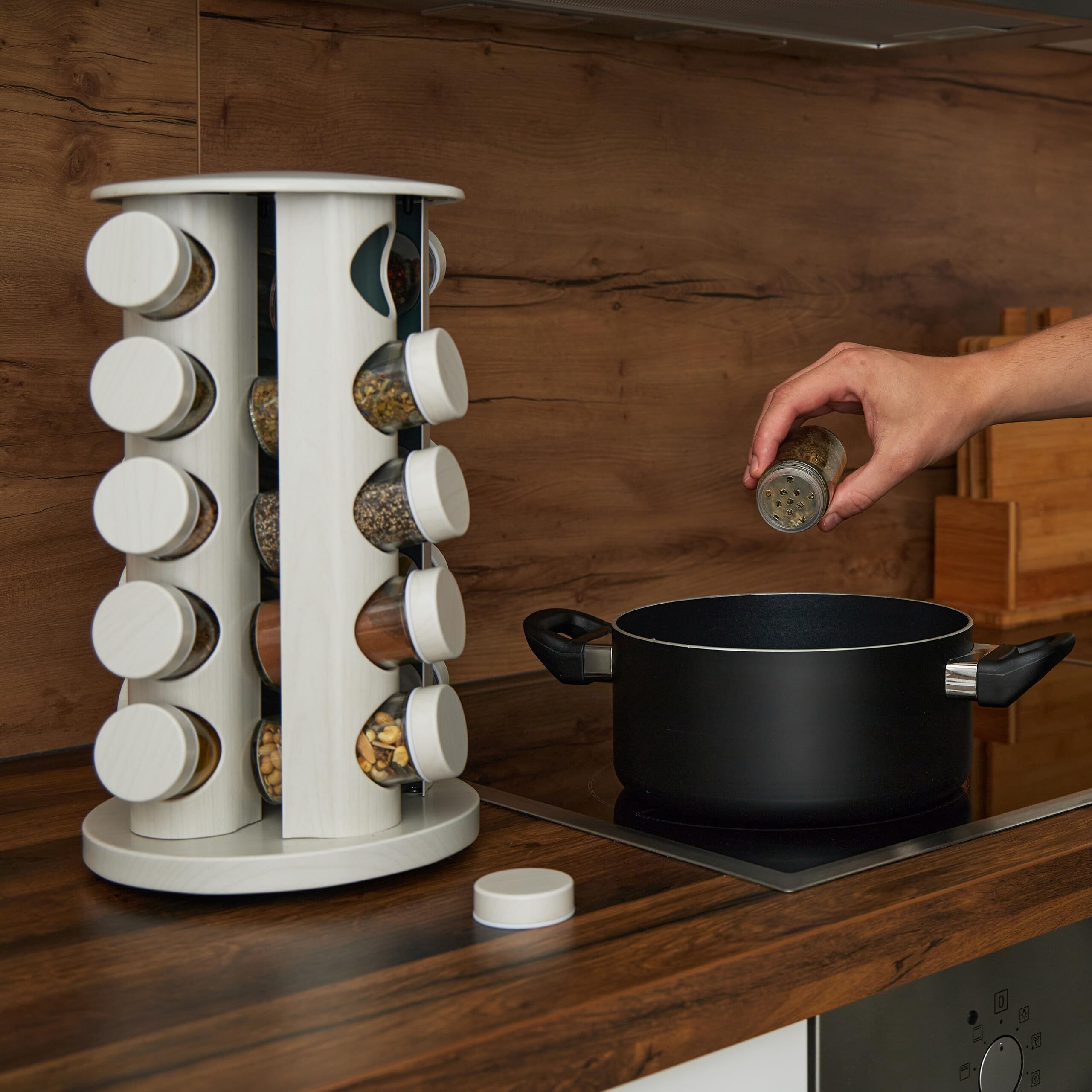 Relaxdays Tourniquet à épices, 20 Pots, chacun avec Embout tamiseur, Rotatif à 360°, Effet Bois, HD 33,5x19 cm, Blanc