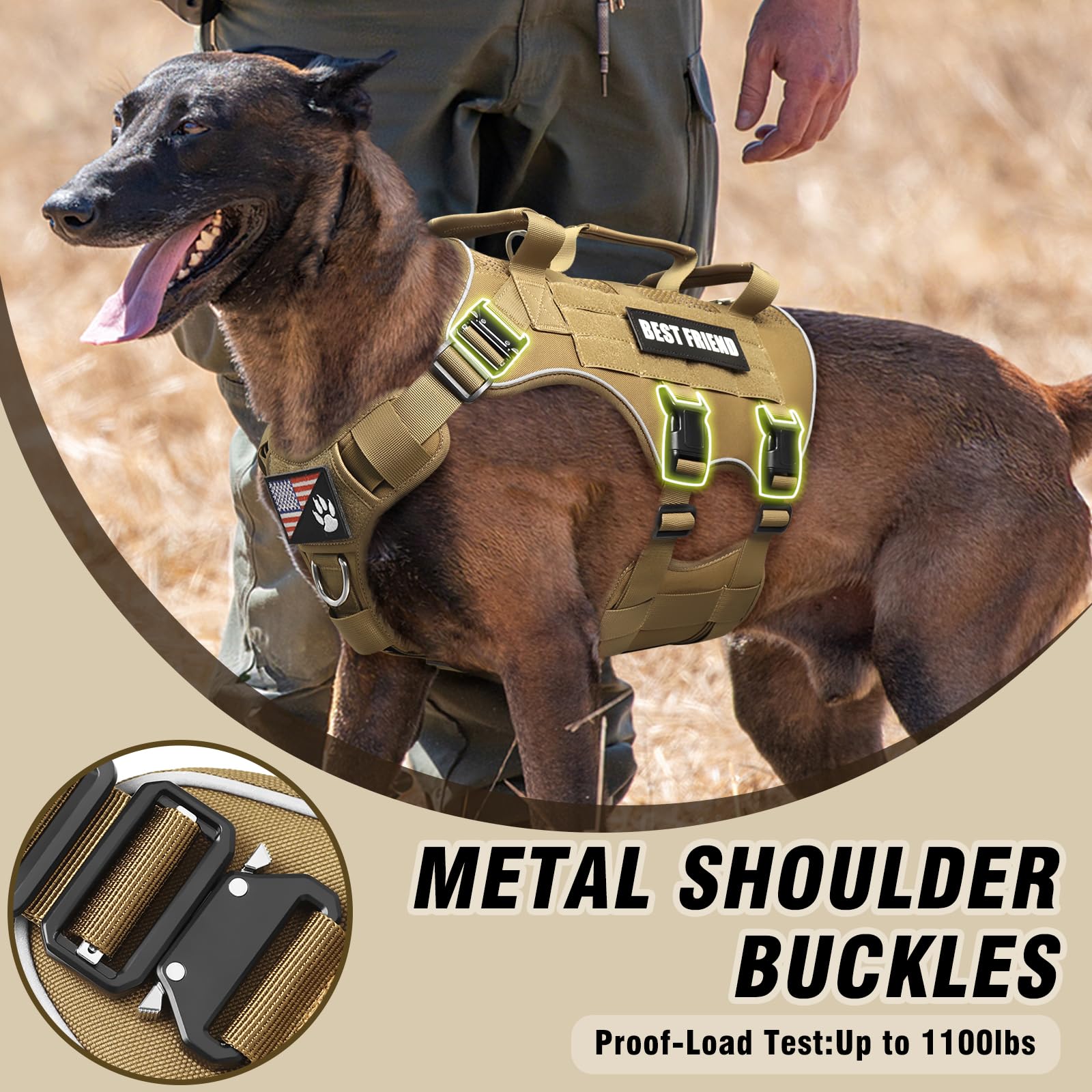Arnés táctico para perro de tamaño mediano con hebillas de metal, chaleco de malla de aire transpirable, arnés militar Molle con 3 asas duraderas para entrenamiento, senderismo, caza, trabajo