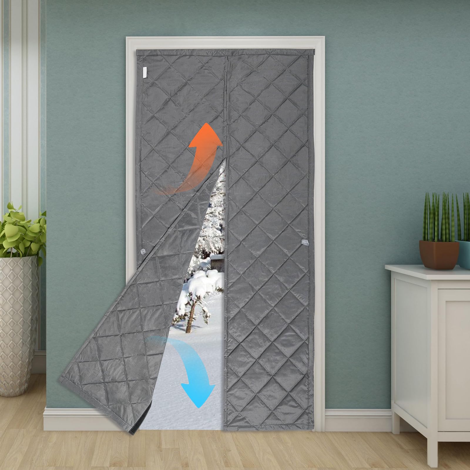 Rideau de porte isolant, 210 x 100 cm, rideau de porte, magnétique, avec crochets, gris insonorisant, intimité, rideau de porte