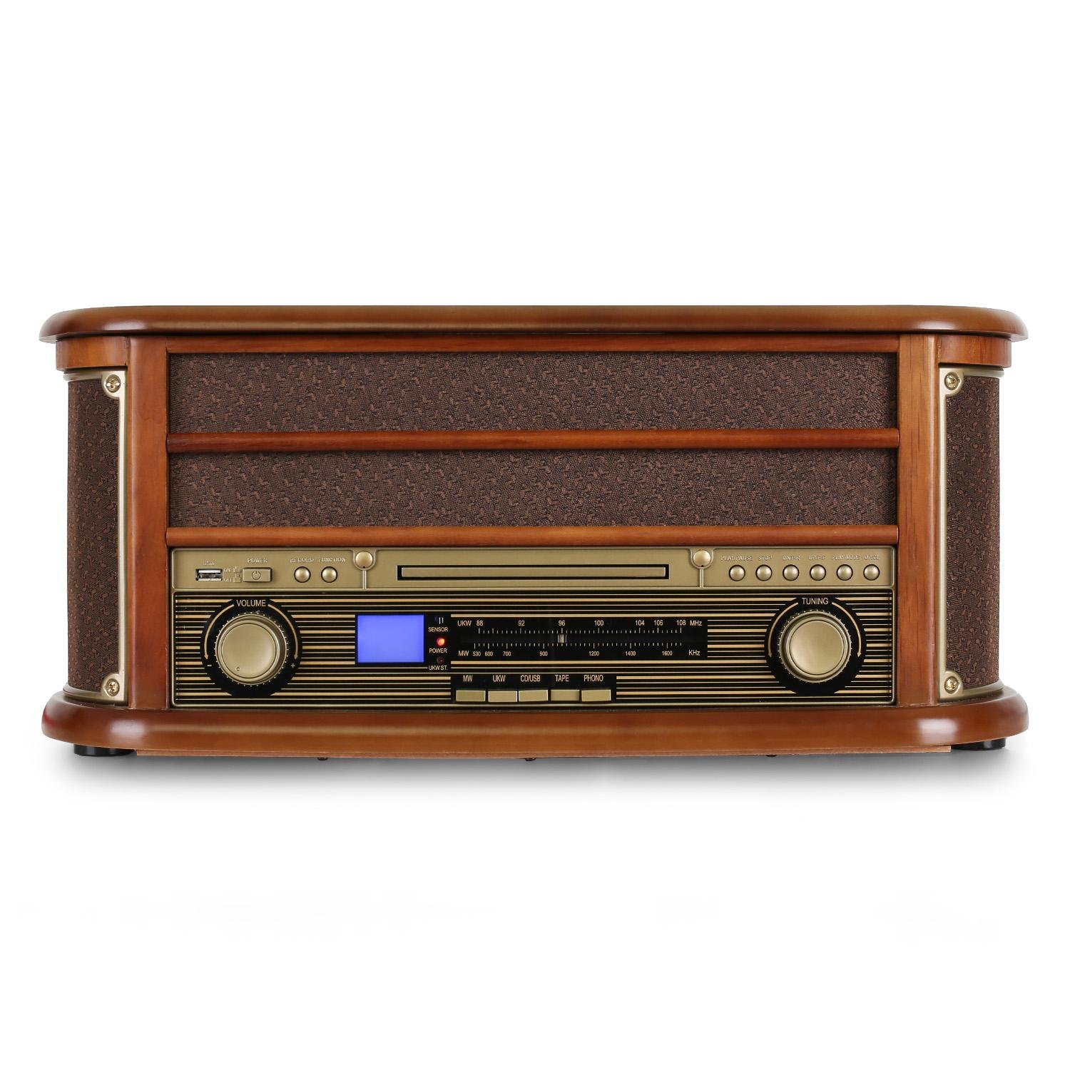 Auna Platine Vinyle Tourne-disques Audio 33 Tours, Lecteur CD et USB Avec Haut-parleur, Chaîne HiFi en Bois, Vintage, 3 Vitesses