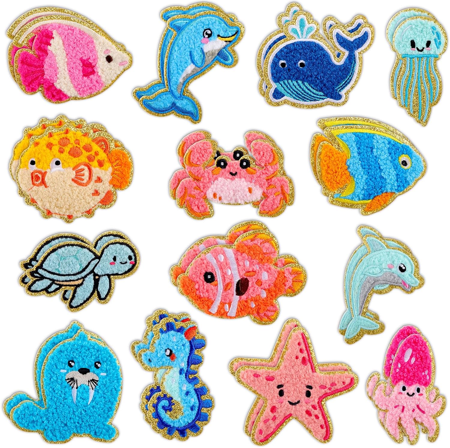 WILLBOND 28 Pcs Ocean Theme Chenille Patches, Self Adhesive Marine Animals Dolphin Sea Turtle Seahorse Starfish Jellyfish Embroidered Patches for Clothing Jackets Backpacks Crayon DIY Accessories