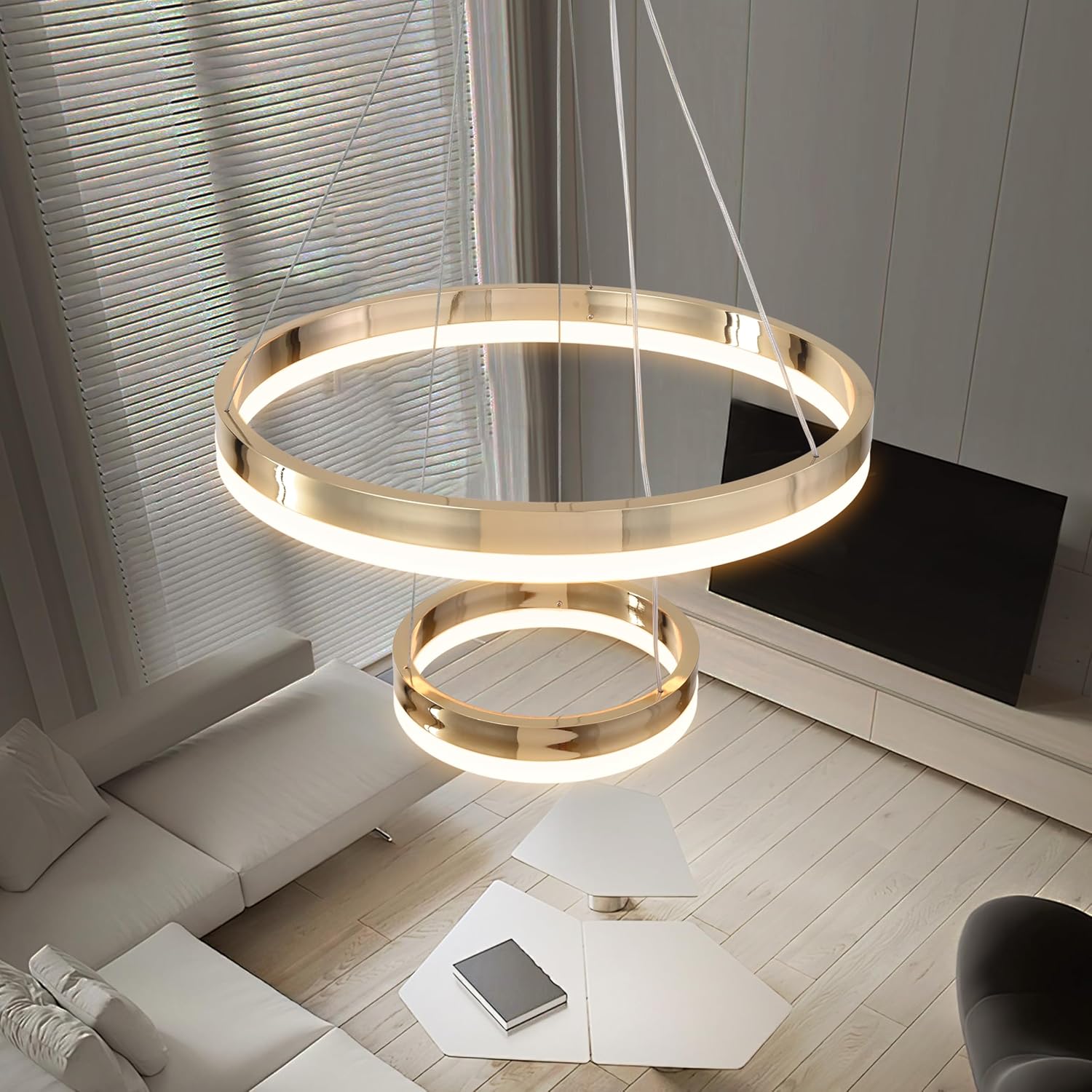 Gold Led Chandelier 2 Rings Dimmable Light Fixture for Kitchen Over Table Height Adjustable Modern Pendant Light for Dining Room Living Room Bedroom Foyer