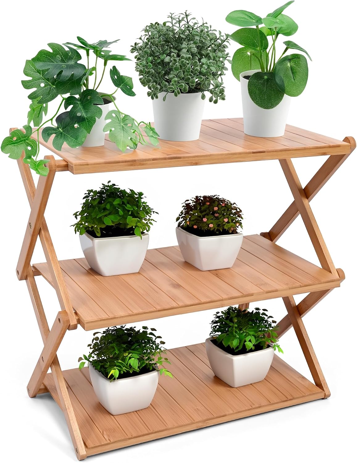 Bamboo Plant Stand, 4 Tier Modern Indoor/Outdoor Plant Stand, Space Saving, Medium Size, Green and Brown
