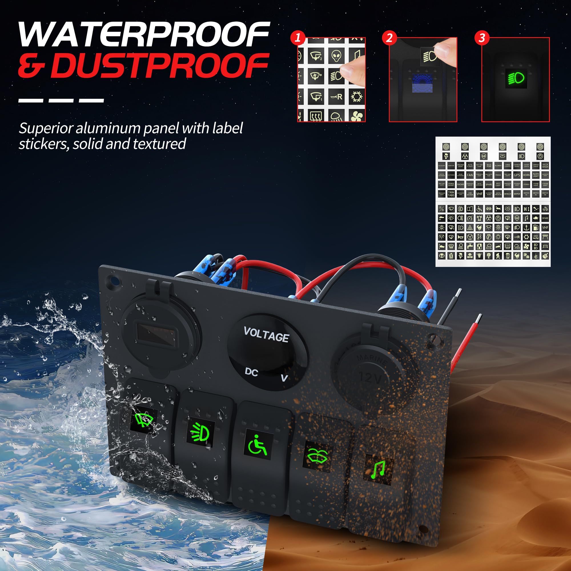 Joinfworld 5 Gang Pannello Interruttori barca Impermeabile 12V/24V,Interruttore a Levetta con 4.8A Doppio USB, LED Voltmetro,Precablato,Presa Accendisigari per Auto Barca Camion Camper