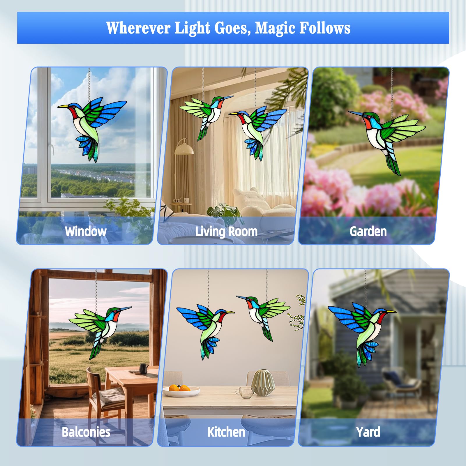 2 Packs Hummingbird Stained Glass Window Hanging Suncatchers - 6 Inch Handmade Real Glass with Copper Foil Edges, Bird Safe Gifts for Women Mom Grandma Bird Lovers(Suction Hooks Included)