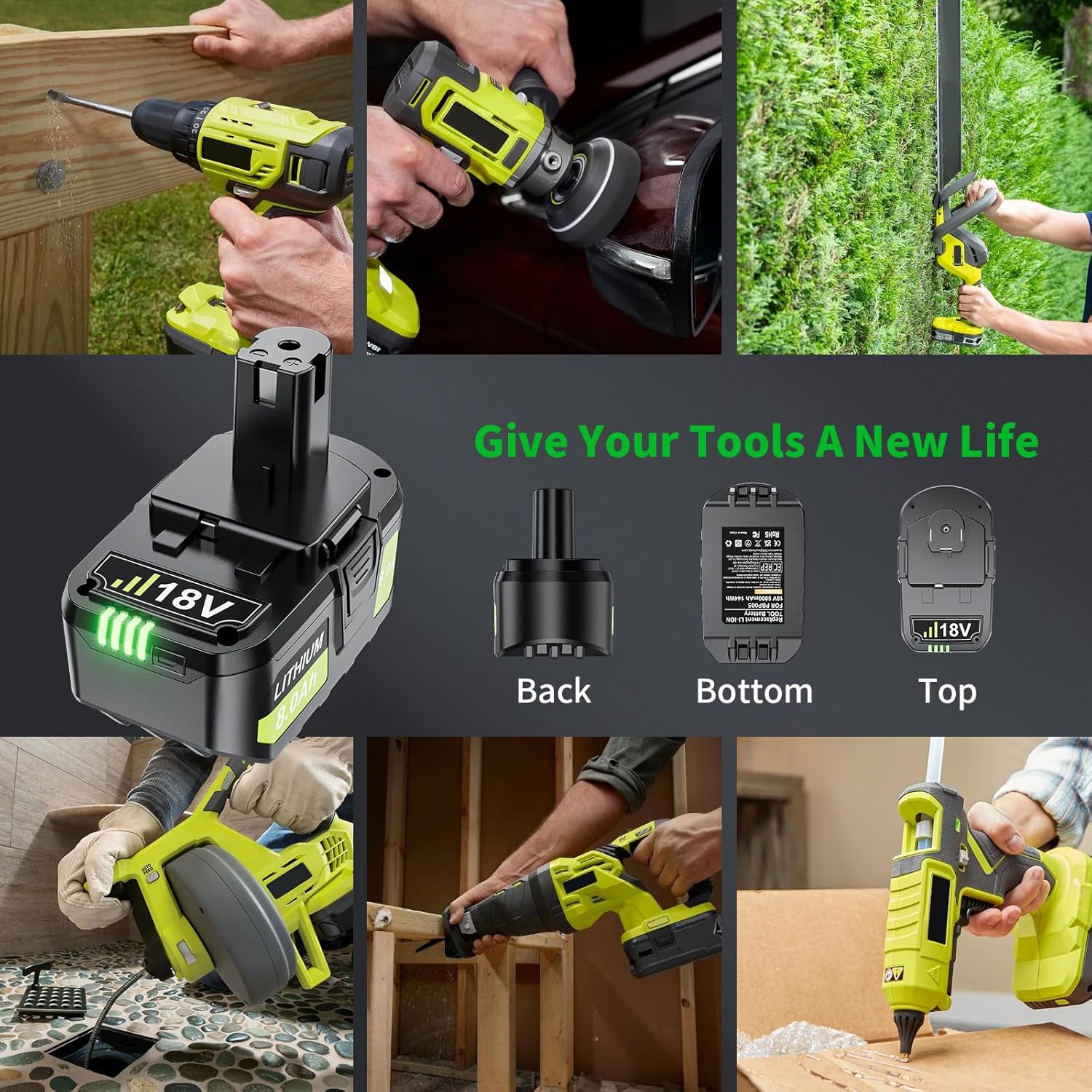 8000mAh 2Packs Replacement for Ryobi 18V Battery, Compatible with Ryobi Battery ONE+ P102 P103 P104 P105 P107 P109 P122 PBP002 PBP003 PBP004 PBP005 RB18L50 Cordless Tool with LED Indicator - Image 2