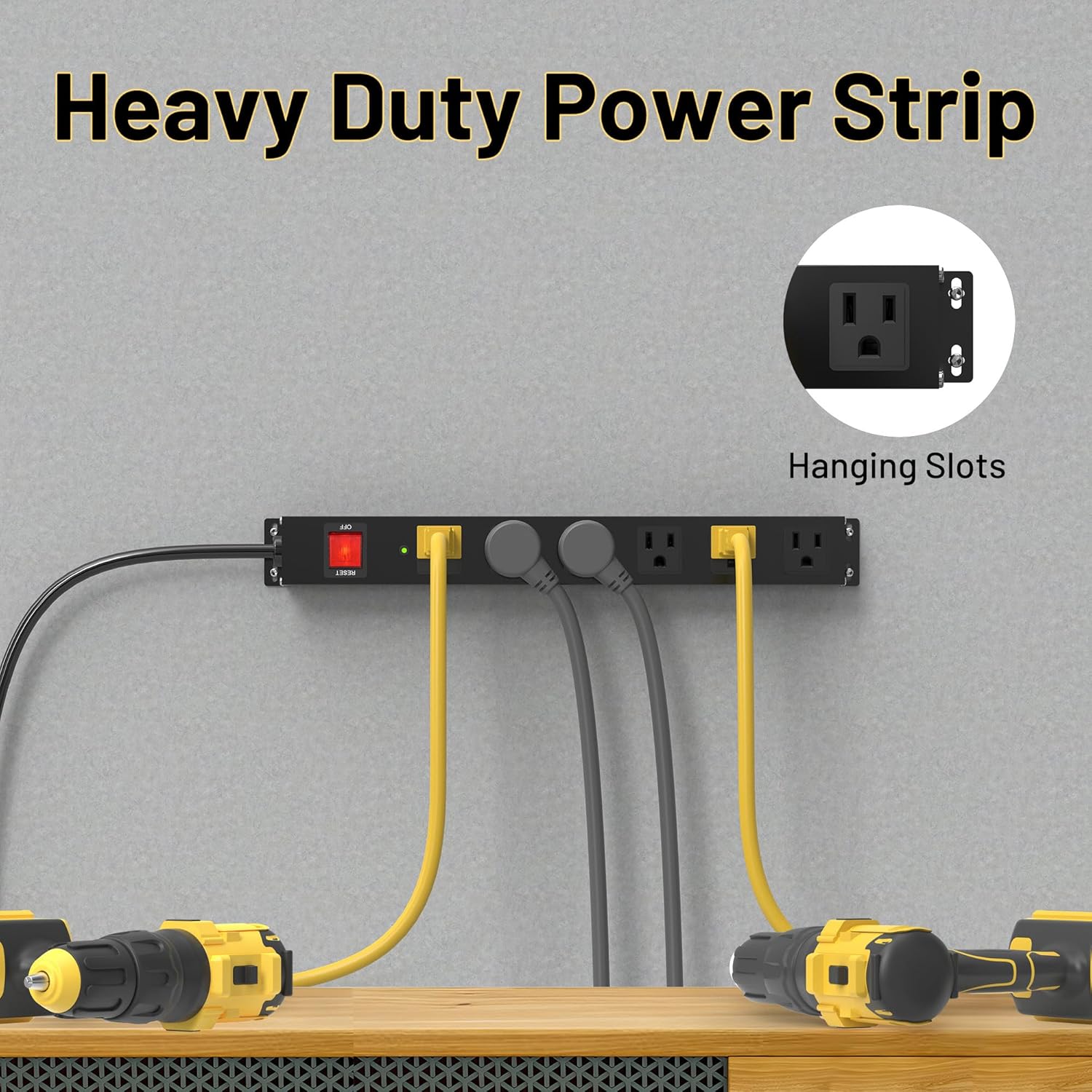 KF 6 Outlets Heavy Duty Power Strip with 2100J Surge Protection and 15A Circuit Breker,6 Wide-Spaced Outlets in Metal Housing,Wall Mount with 8FT Extension Cord for Organized Home,Office,Garage