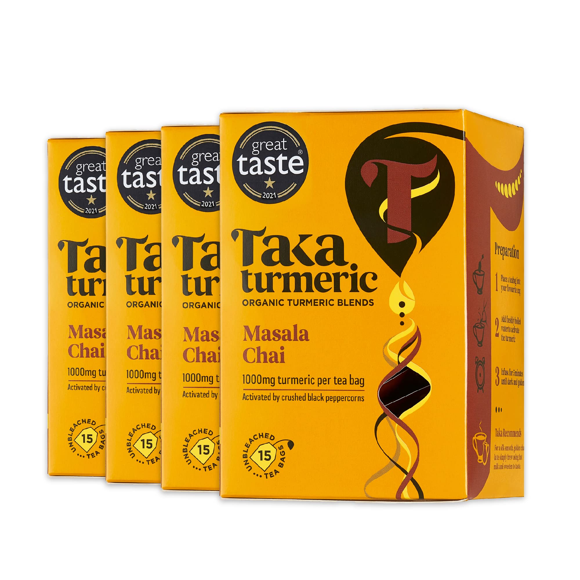 4 pack (60 Teabags) Organic Masala Chai Tea Bags with Turmeric & Black Peppercorns, Turmeric Tea, Herbal Tea, Flavoured Tea, No Added Flavourings, Recyclable Packaging