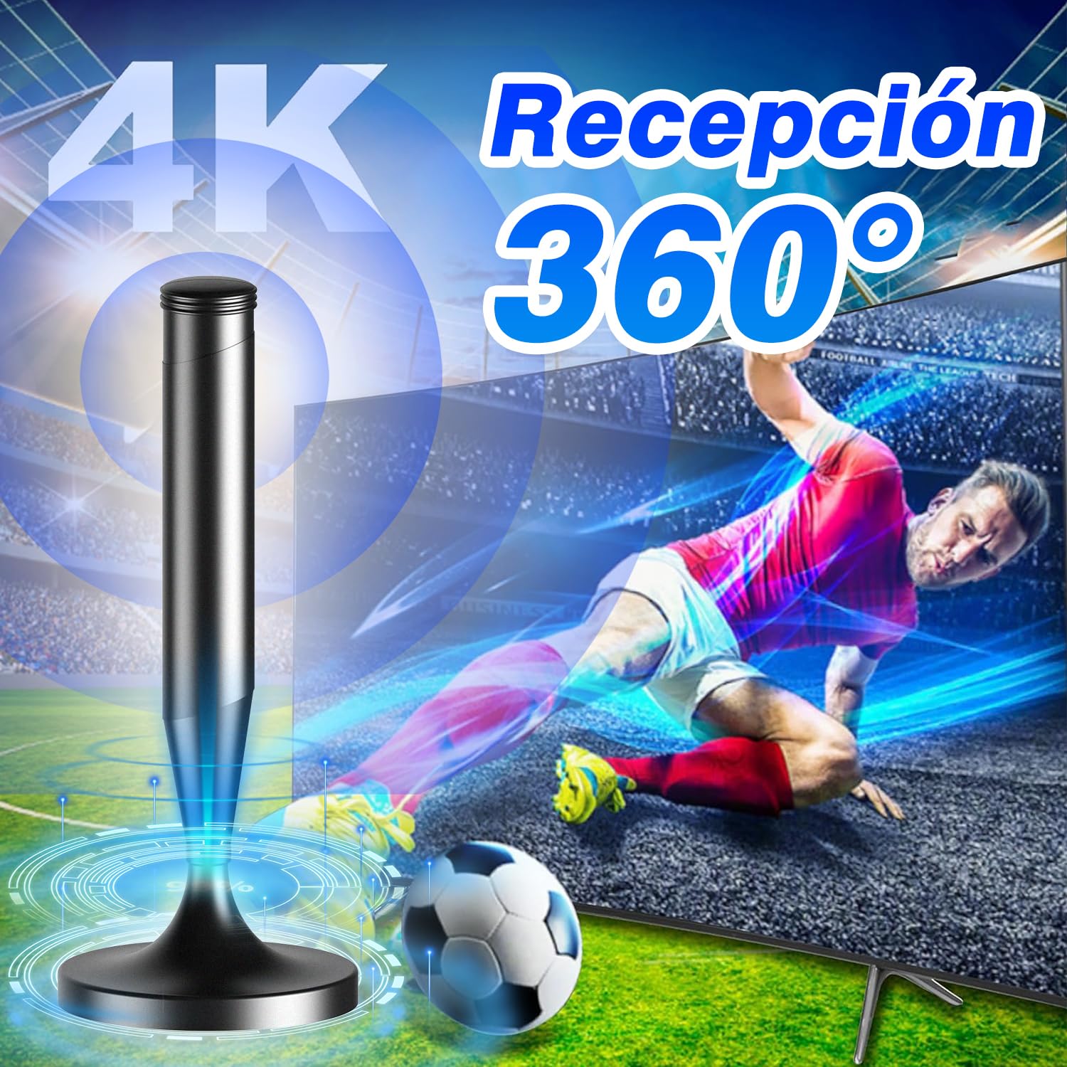 Antena TV Interior 2026 Mejorada para Smart TV – Recepción 360° con Señal Estable de Largo Alcance, Base Magnética Potente, Cable Coaxial de 5 m, Compatible 4K y 1080P, Canales TDT Locales Gratis
