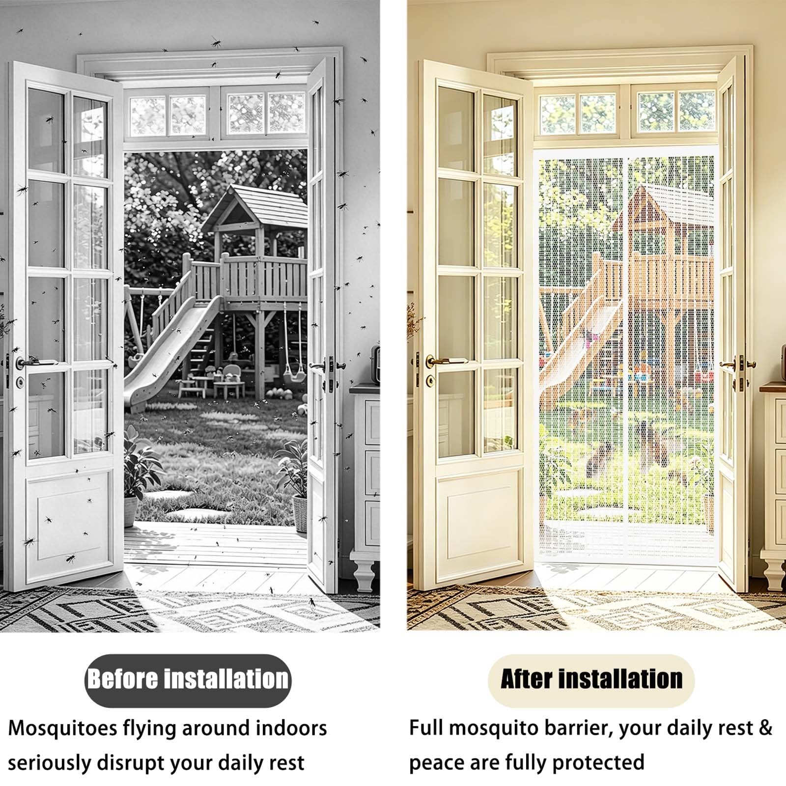 Moustiquaire Porte 178 x 204 cm Fermeture Automatique Aimantée, Sans Perçage Rideaux Aimantée Sans Percage Moustiquaires Ementer Aimanté pour Balcon, Terrasse, Blanc