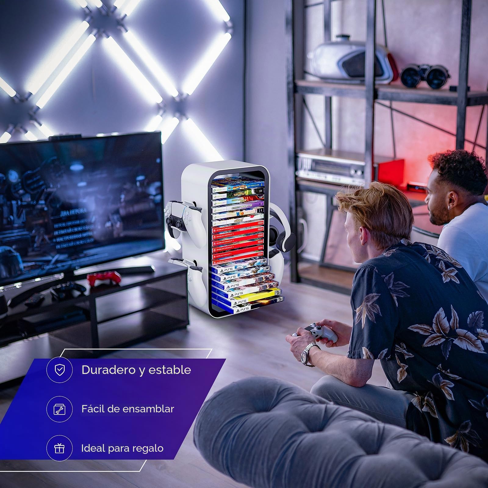 Torre de almacenamiento de videojuegos universal para PS5/PS4/Xbox One/Xbox 360/Xbox Series X/S/Switch, organizador de discos DVD y Blu-Ray, almacena 19 juegos, con 4 soportes para controlador
