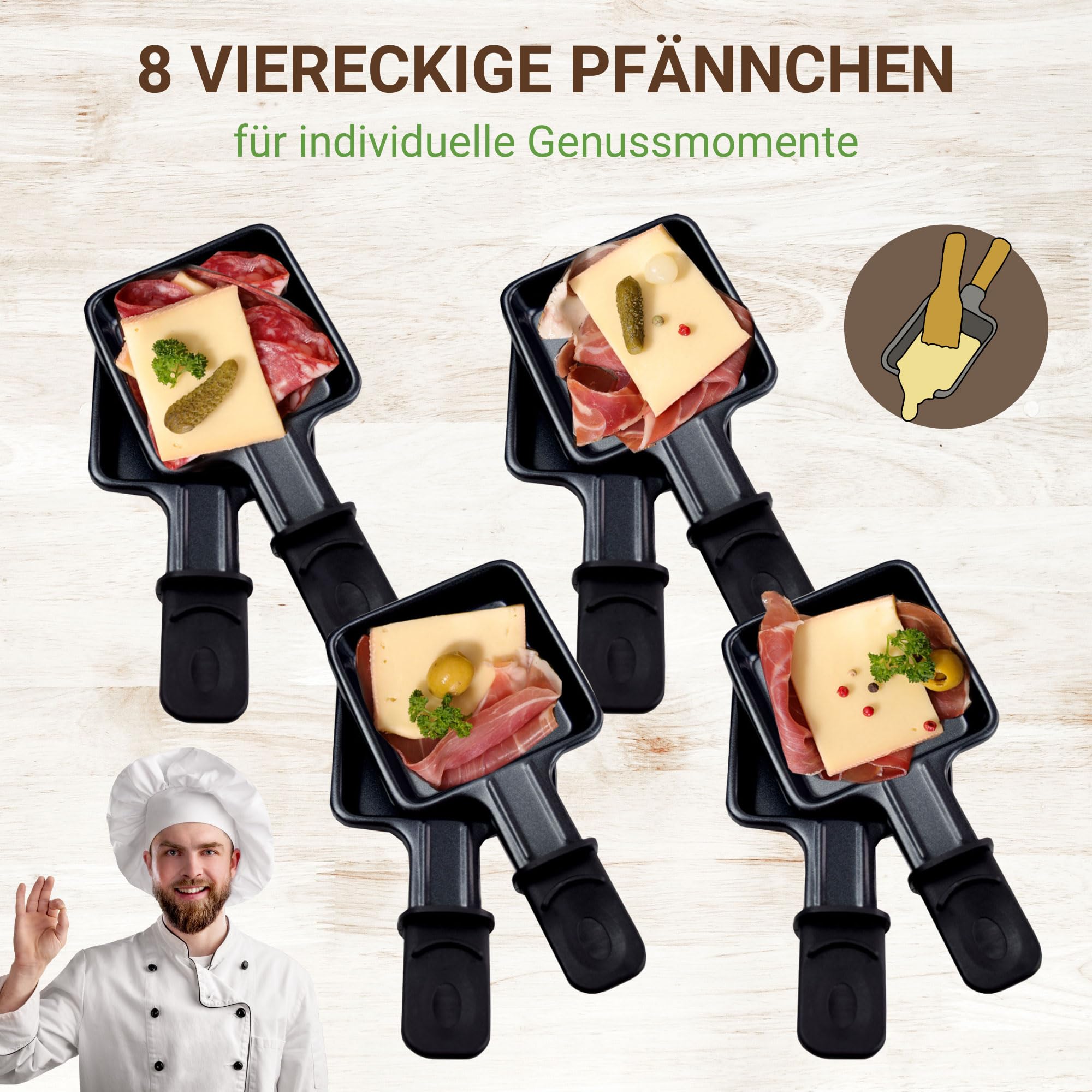 Syntrox Raclette Fondue 2in1 für 8 Personen, 1400 W, antihaft Grillplatte, 8 Pfännchen, 1,4 l Fondue-Topf, Thermostatsteuerung