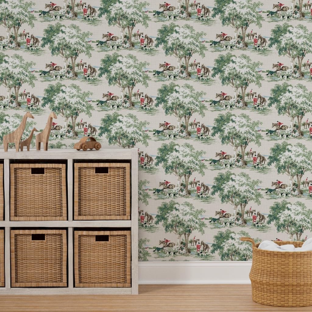 Peel & Stick Wallpaper 3ft x 2ft - Equestrian Toile Fox Hunting English Traditional Hunt Pony Horse Master Green Beige Red Custom Removable Wallpaper by Spoonflower