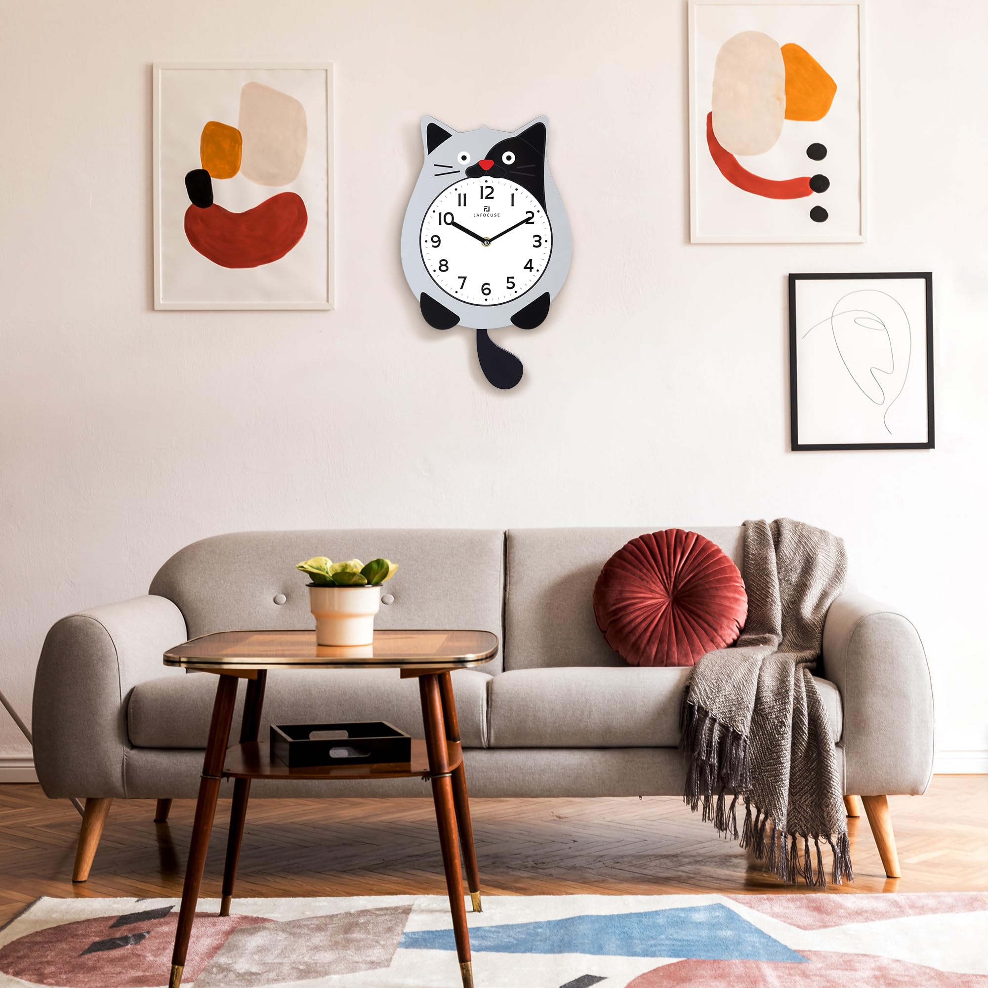 Lafocuse Orologio da Parete Gatto Design Grigio con Pendolo a Coda Mobile, Moderno Orologio da Muro Simpatico Decorativo per Soggiorno Camera da Letto Bambini, 40 x 23.5cm