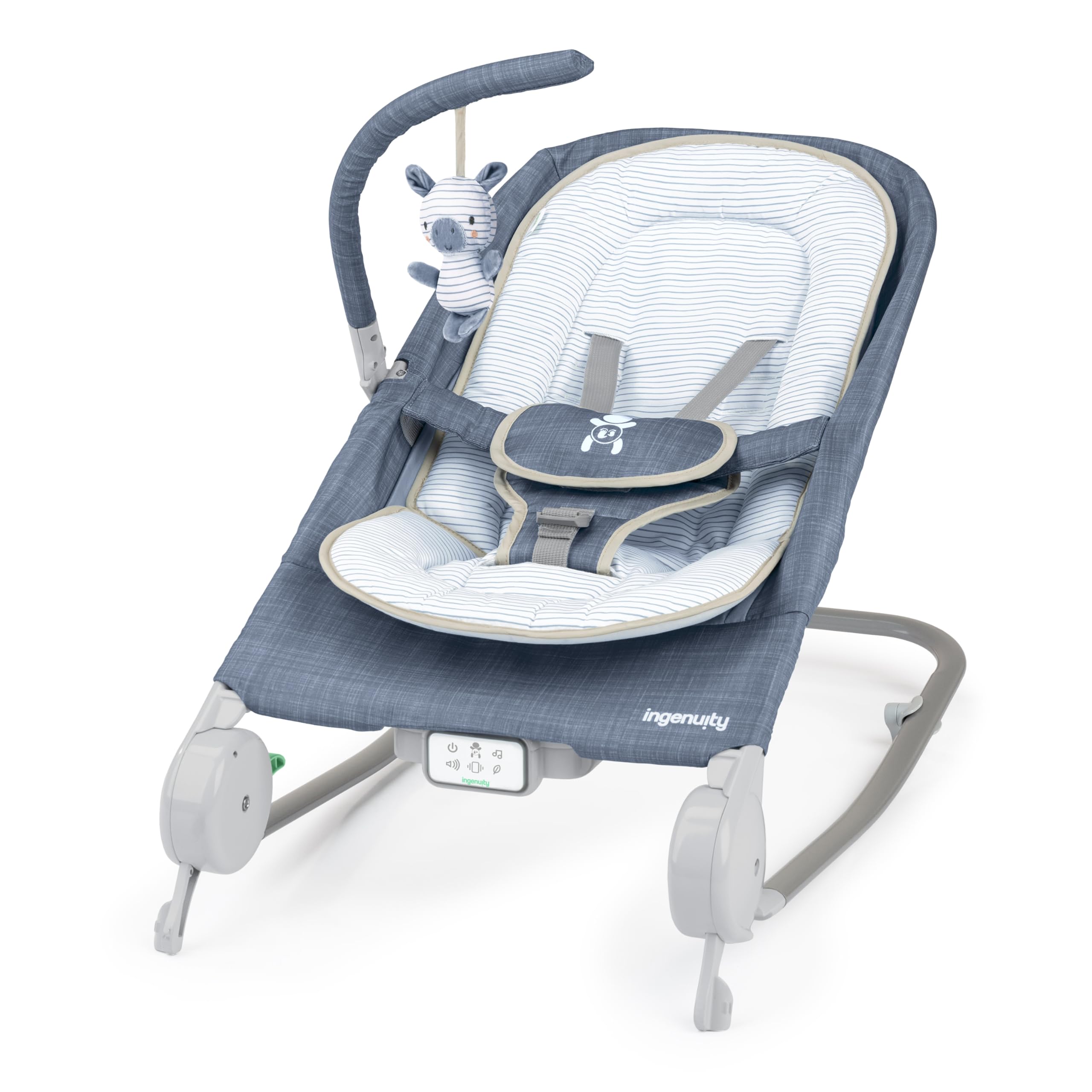 Ingenuity Happy Belly Rock-to-Bounce Seat, Blue Chambray | Music, Vibration, Detachable-Toy Bar, Plush Zebra-Toy, 0 to 6 Months-image-33