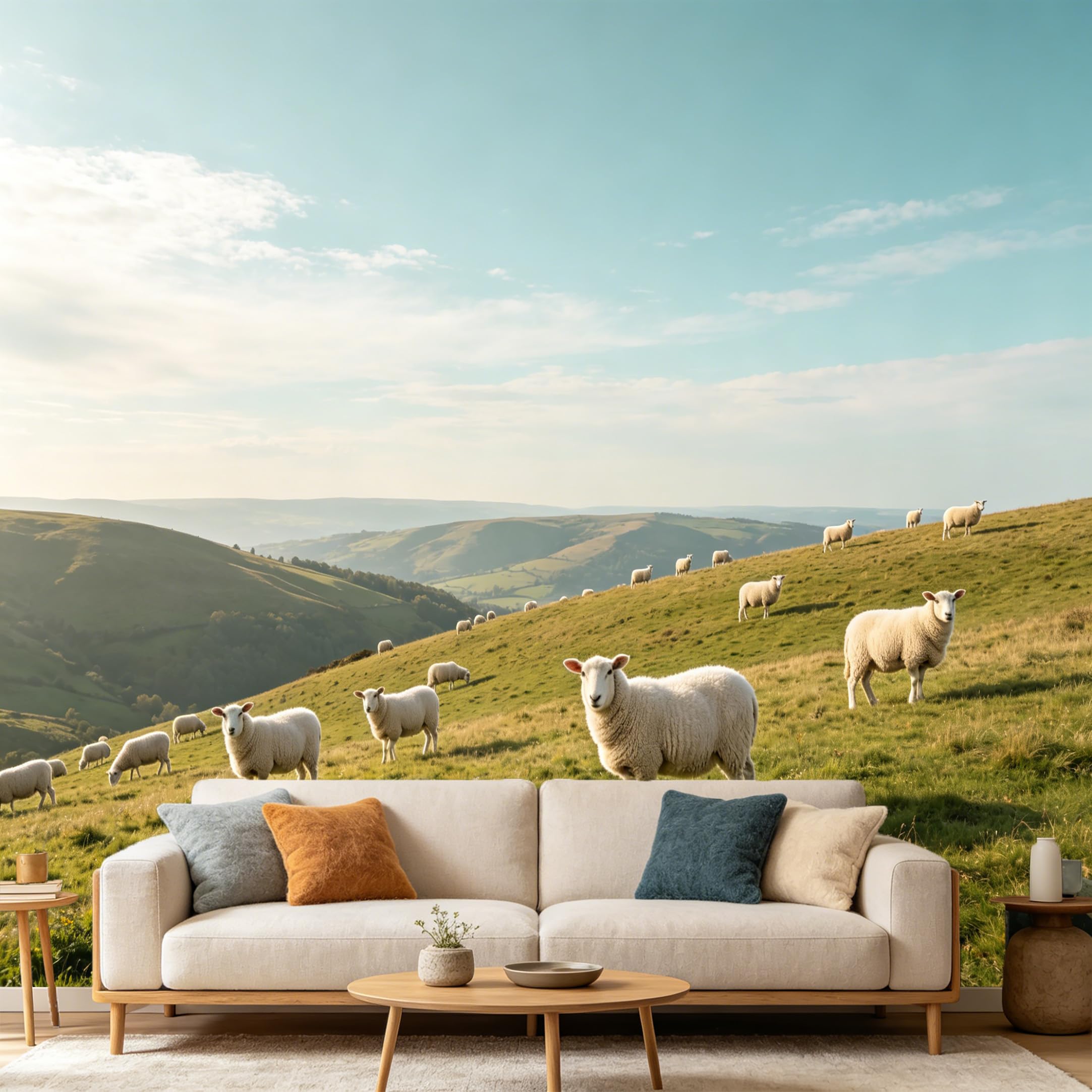 Custom Size Wall Mural Farmhouse Pastoral Sheep Hills Landscape SelfAdhesive Art Prints wall Fabric（No PVC） Removable Wallpaper Home Bedroom Decor