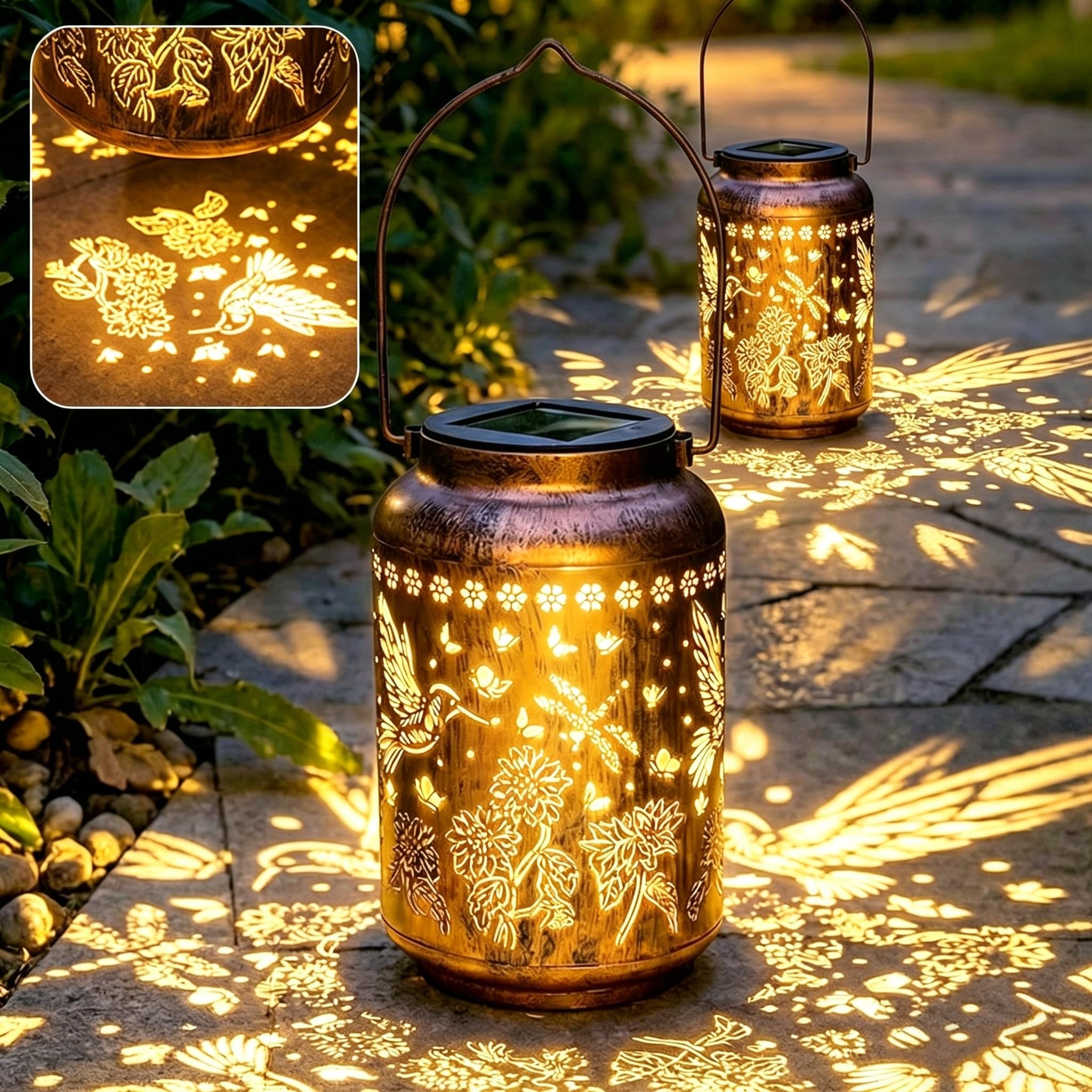 Birthday Gifts for Women Unique, 2 Pack Hummingbird Solar Lanterns Outdoor Garden Ornaments, Garden Lights Gift for Mum & Dad, IP65 Waterproof Metal Hanging Lights for Outside Patio Lawn Yard Decor