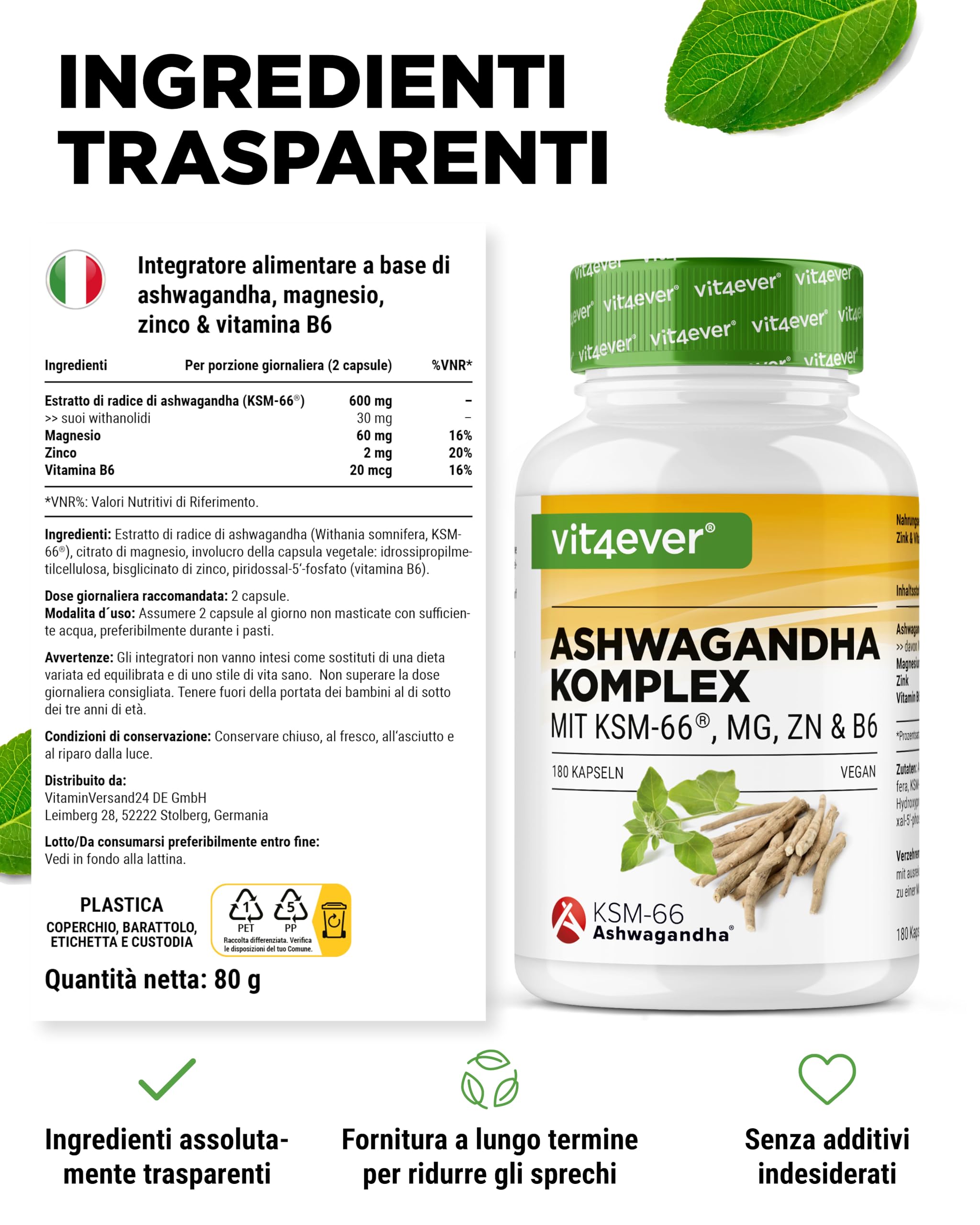 Complesso di Ashwagandha KSM-66® - 180 capsule - 600 mg di ashwagandha al giorno - Con magnesio, zinco e vitamina B6 - Senza additivi - Altamente dosato - Vegan