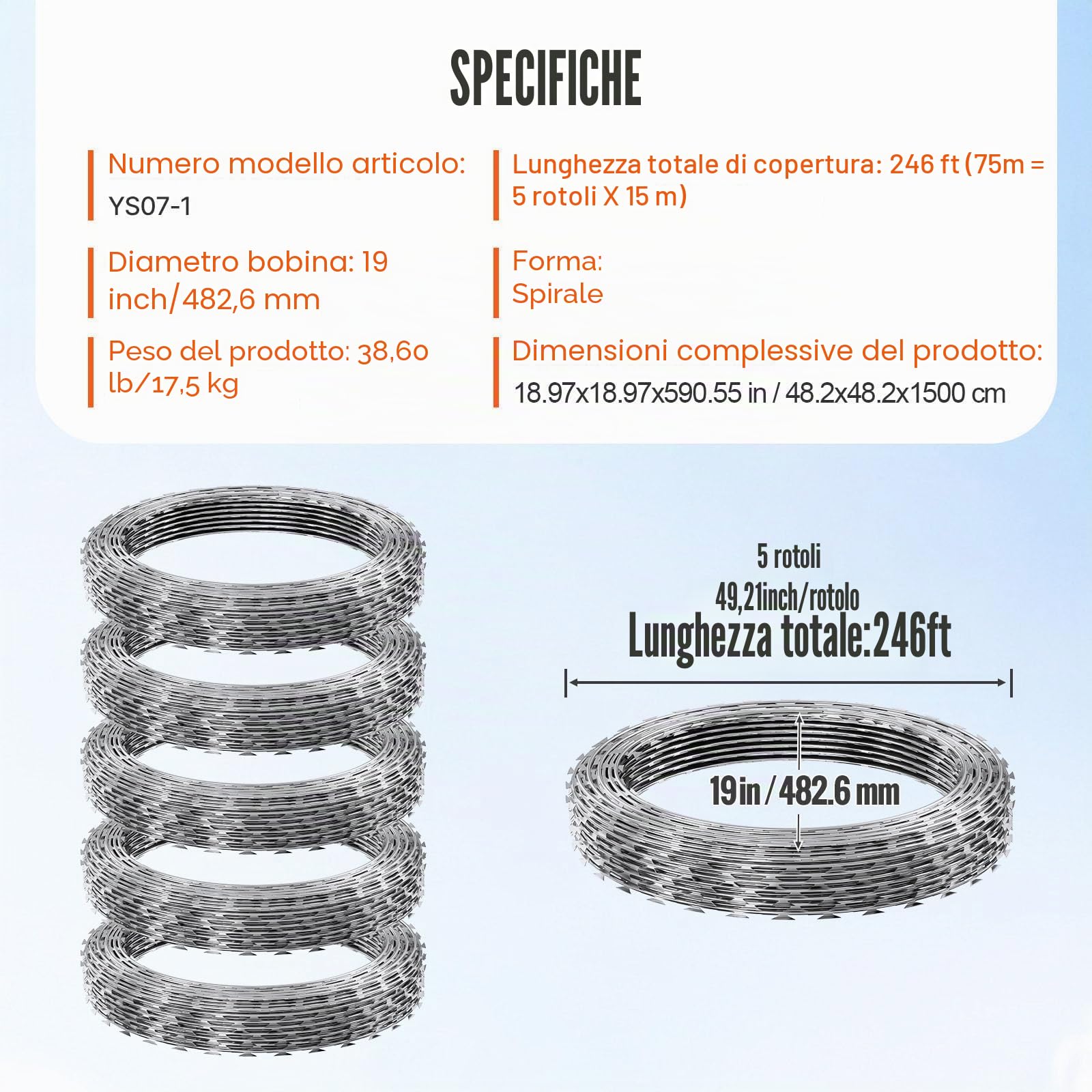 VEVOR Filo spinato per Rasoio, 75 m, 5 Bobine per Rotolo, Recinzione di Filo spinato per Rasoio, Filo spinato in Acciaio zincato, Rotoli di Protezione utile per Il Giardino
