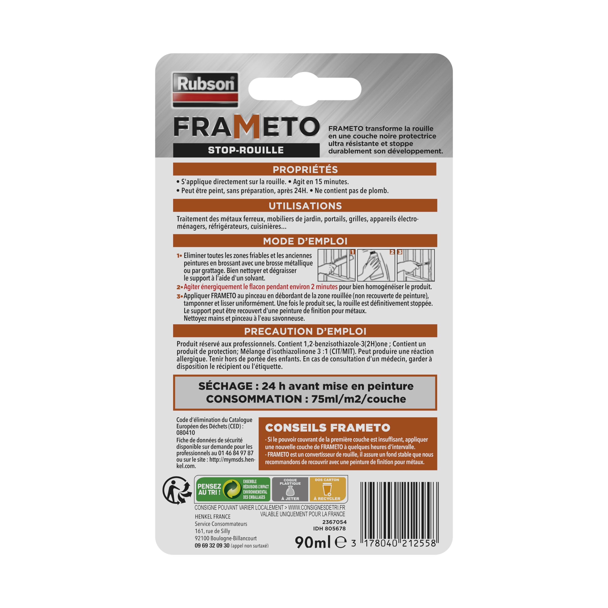 Rubson Frameto Stop-Rouille, Traitement antirouille pour intérieur et extérieur, Convertisseur de rouille à effet immédiat, peut être peint, coloris noir, 90 ml