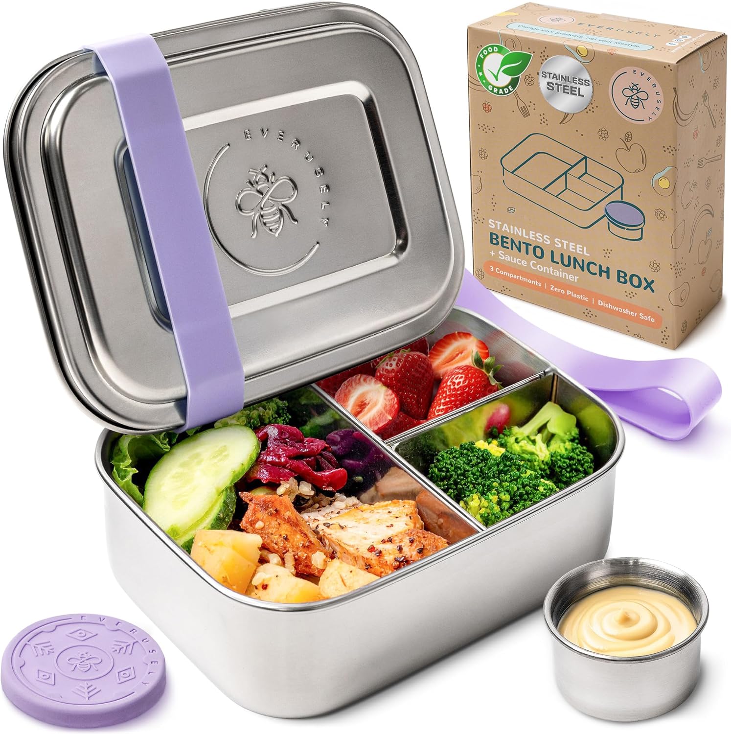 Everusely - Bento Box - Lavender, 27oz / 0.8 L - Stainless Steel Lunch Box with Leakproof Condiment Container - 3 Compartment Snack Organizer for On the Go Meals - Freezer & Dishwasher Safe Lavender 27oz / 0.8 L
