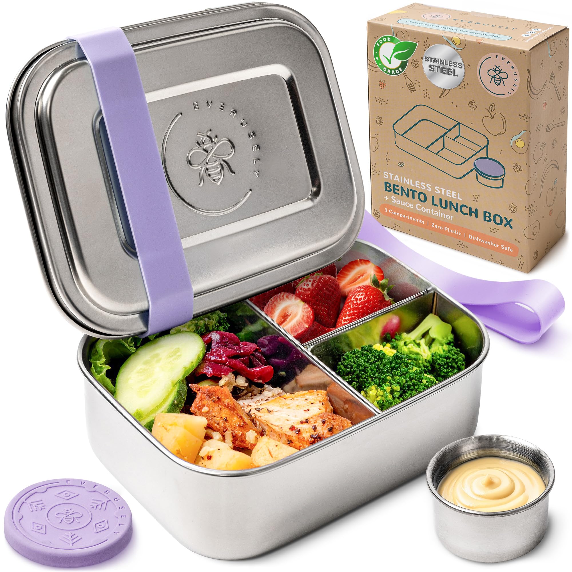 Everusely - Bento Box - Lavender, 27oz / 0.8 L - Stainless Steel Lunch Box with Leakproof Condiment Container - 3 Compartment Snack Container - Freezer & Dishwasher Safe
