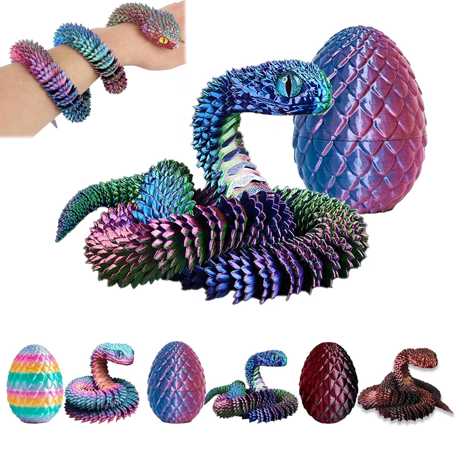 nnOuOnn 3D Printed Snake in Egg 17.7in for Adults Articulated Flexible Snake Statue Decor for Home and Office Decoration (Red Green Blue)