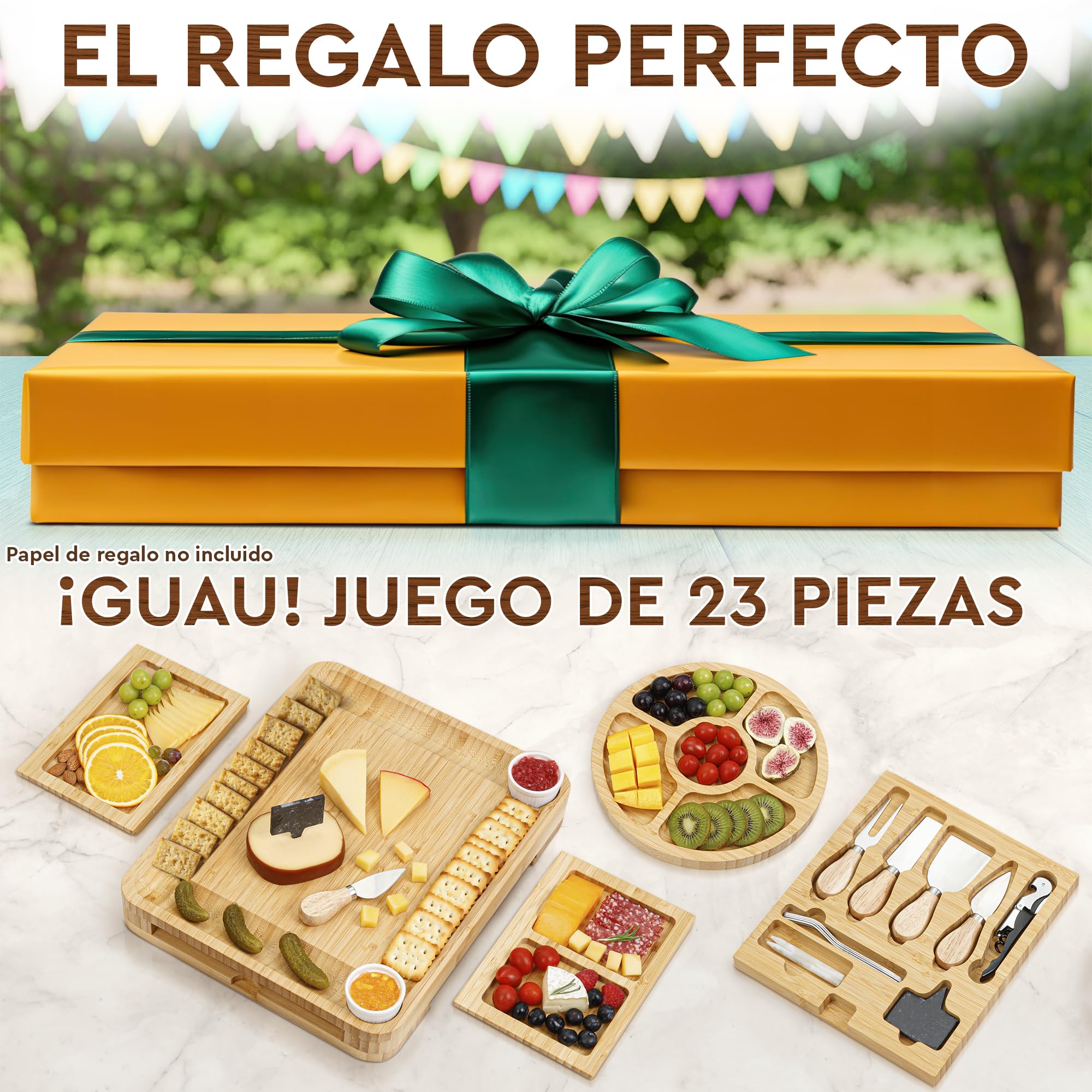 Set de regalo prémium de tablas de embutidos - 23 piezas, bambú - Tabla grande para queso + bandeja para el Día de la Madre, cumpleaños, inauguración de casa, despedida de soltera