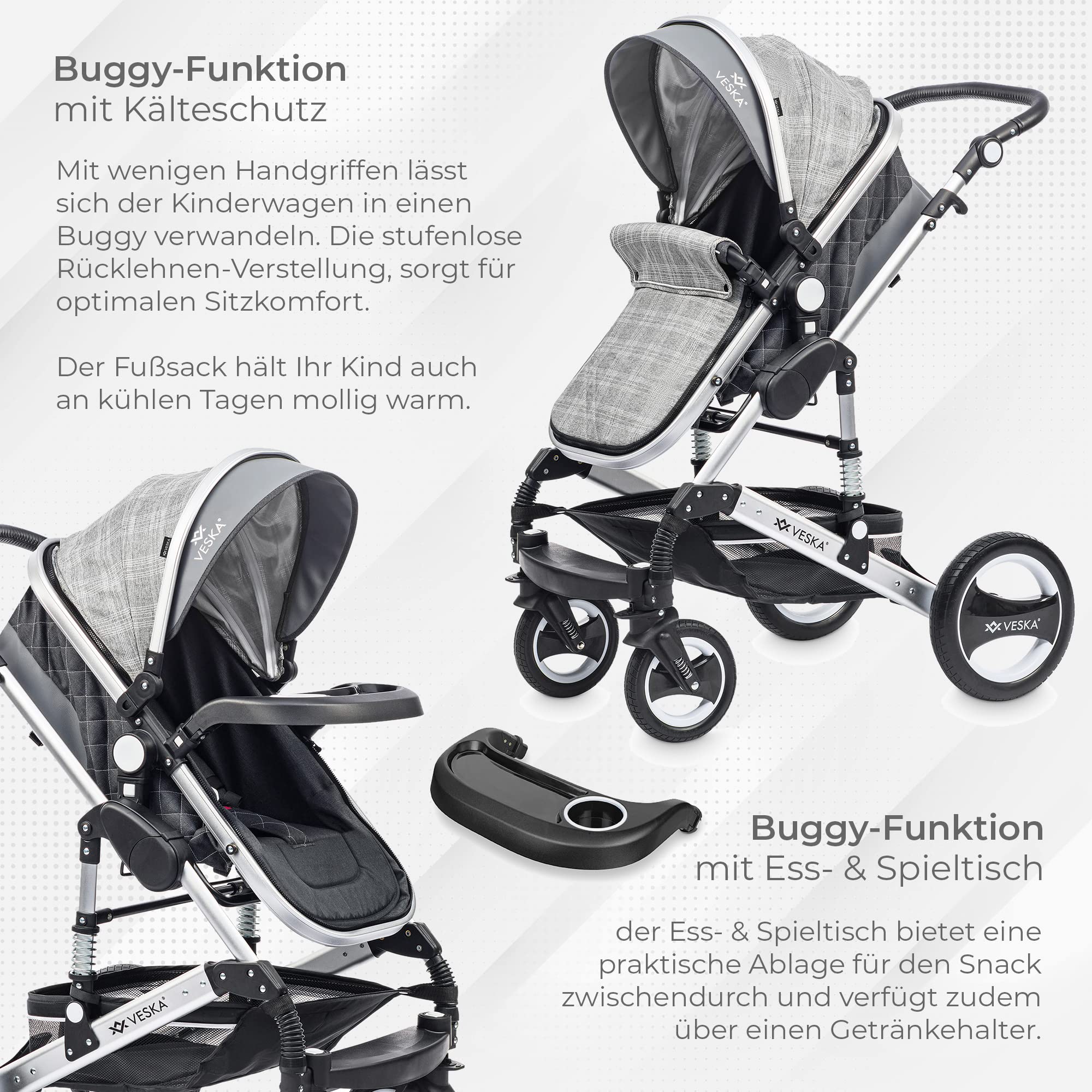 3 in 1 Kombi-Kinderwagen inkl. Babyschale, Buggy, Jogger mit Wickeltasche, Moskitonetz, Regencover, Spieltisch, Autoschale Fußsack, QuickFold, Aluminiumrahmen (Silber - anthrazit/grau)