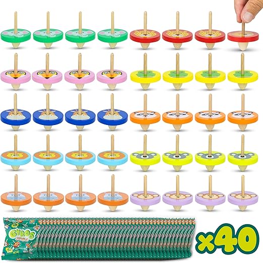 Wood Spinning Top 40 Pack Jungle Kids Party Favors - BONNYCO | Spinning Tops Goodie Bags Stuffers for Kids 3-5 4-8, Return Gifts for Birthday Party | Goody Bag Stuffers Pinata Classroom Prizes Rewards