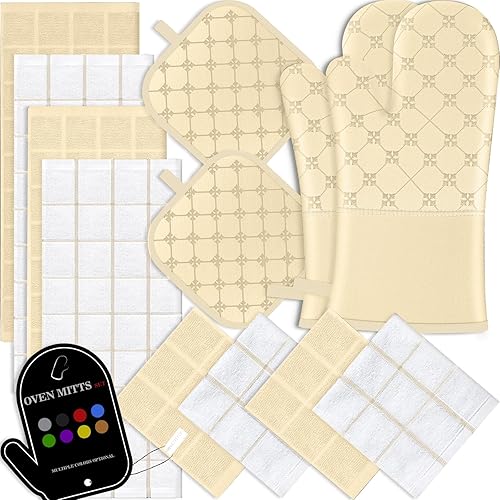Juego de 12 manoplas de cocina con soportes para ollas, juego de 12 paños de cocina, guantes de horno, almohadillas resistentes al calor a 500